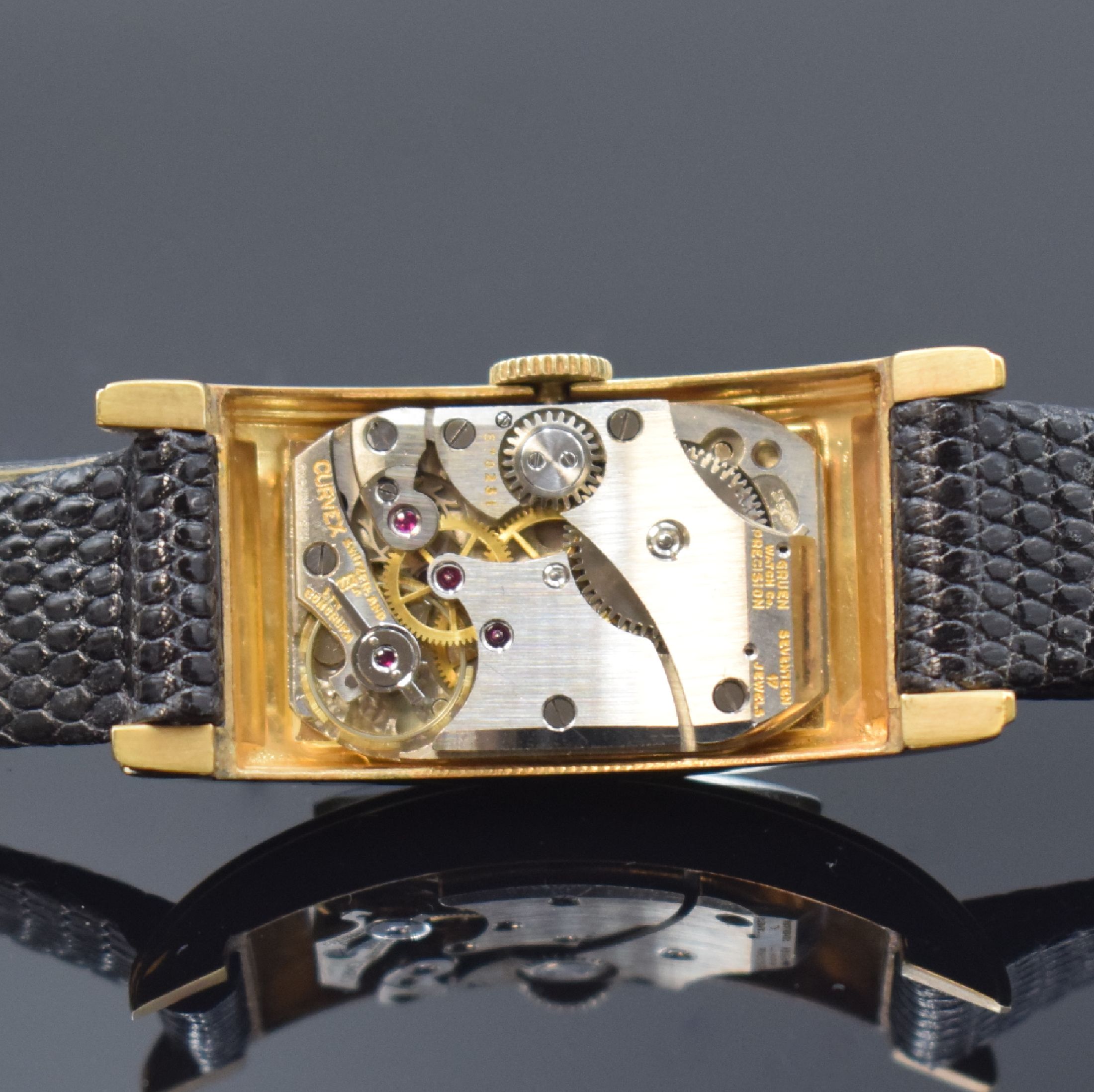 Detail d: GRUEN Curvex Precision Armbanduhr, Handaufzug, Schweiz für USA 1940er Jahre, 2- teil. 10k Gold Filled Geh., Boden aufgedr., orig. Krone, silb. ...