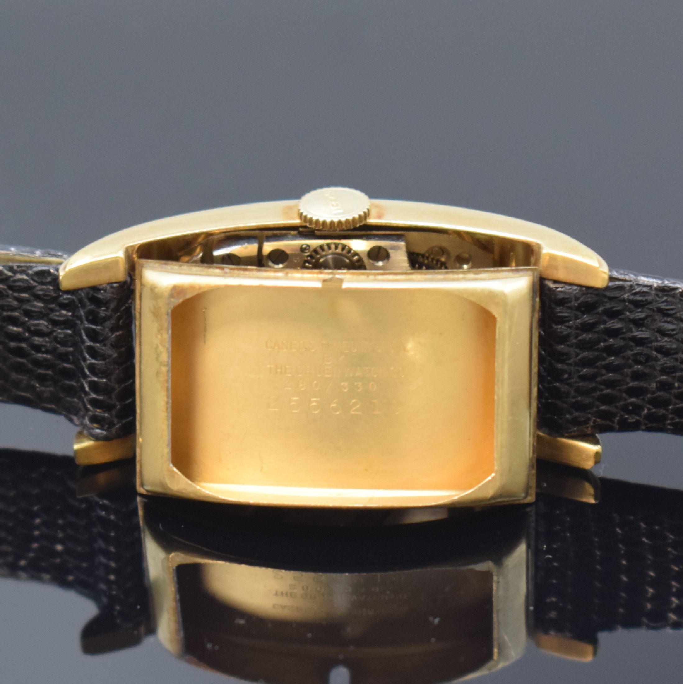 Detail e: GRUEN Curvex Precision Armbanduhr, Handaufzug, Schweiz für USA 1940er Jahre, 2- teil. 10k Gold Filled Geh., Boden aufgedr., orig. Krone, silb. ...