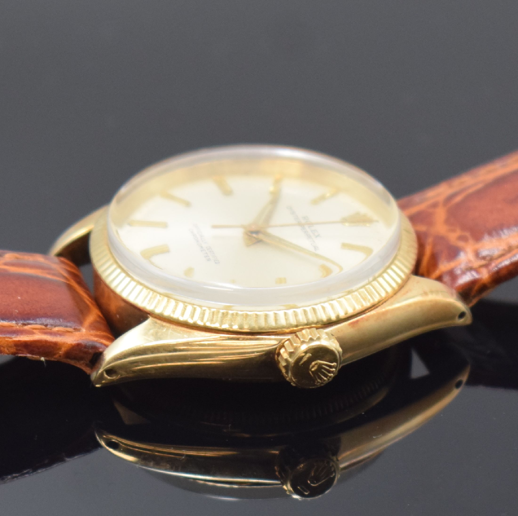 Detail c: ROLEX Armbanduhr in GG 585/000 Referenz 6284/6285, Automatik, Schweiz um 1966, Boden und Krone verschr., ab Herst. wasserd., Lederband m. orig. GG ...