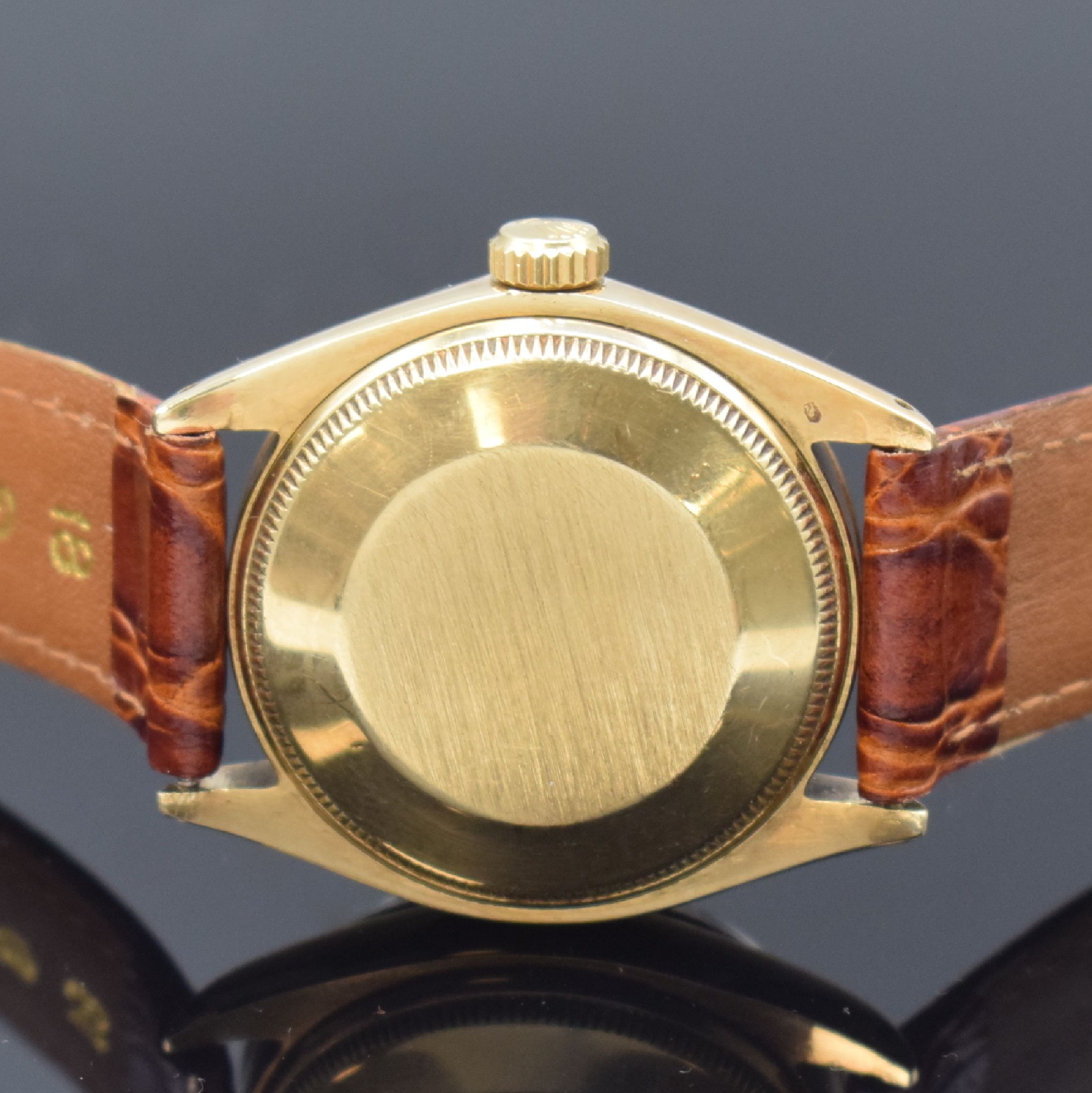 Detail d: ROLEX Armbanduhr in GG 585/000 Referenz 6284/6285, Automatik, Schweiz um 1966, Boden und Krone verschr., ab Herst. wasserd., Lederband m. orig. GG ...