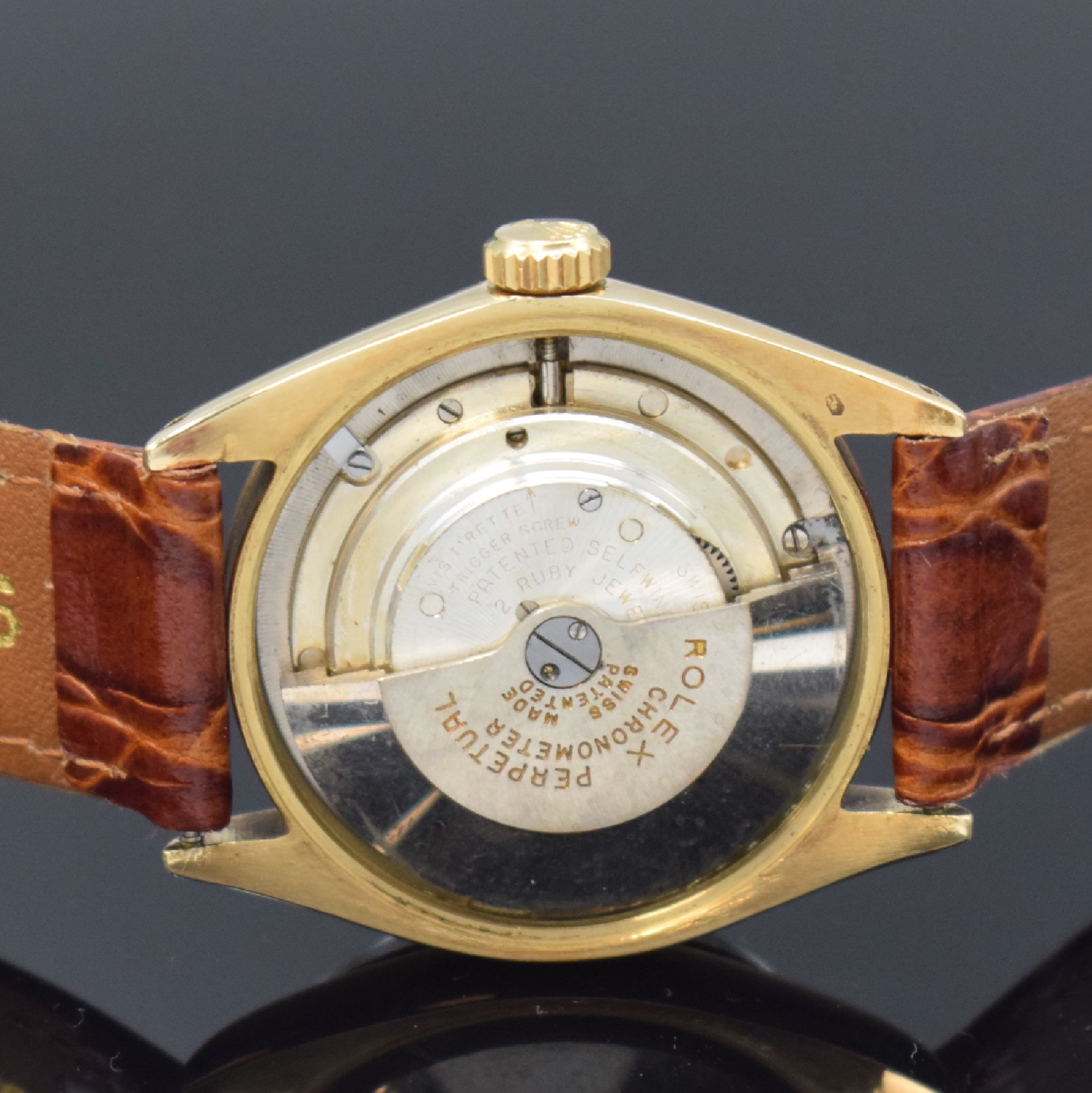 Detail e: ROLEX Armbanduhr in GG 585/000 Referenz 6284/6285, Automatik, Schweiz um 1966, Boden und Krone verschr., ab Herst. wasserd., Lederband m. orig. GG ...