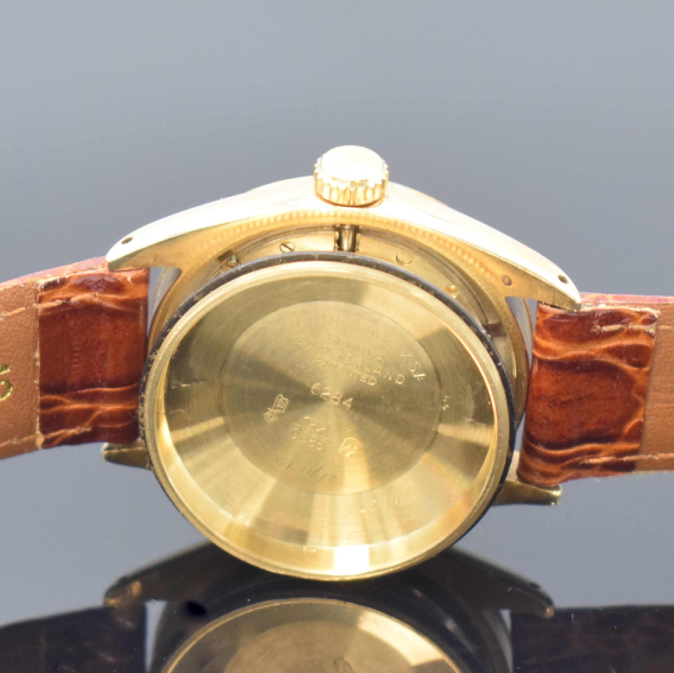 Detail g: ROLEX Armbanduhr in GG 585/000 Referenz 6284/6285, Automatik, Schweiz um 1966, Boden und Krone verschr., ab Herst. wasserd., Lederband m. orig. GG ...