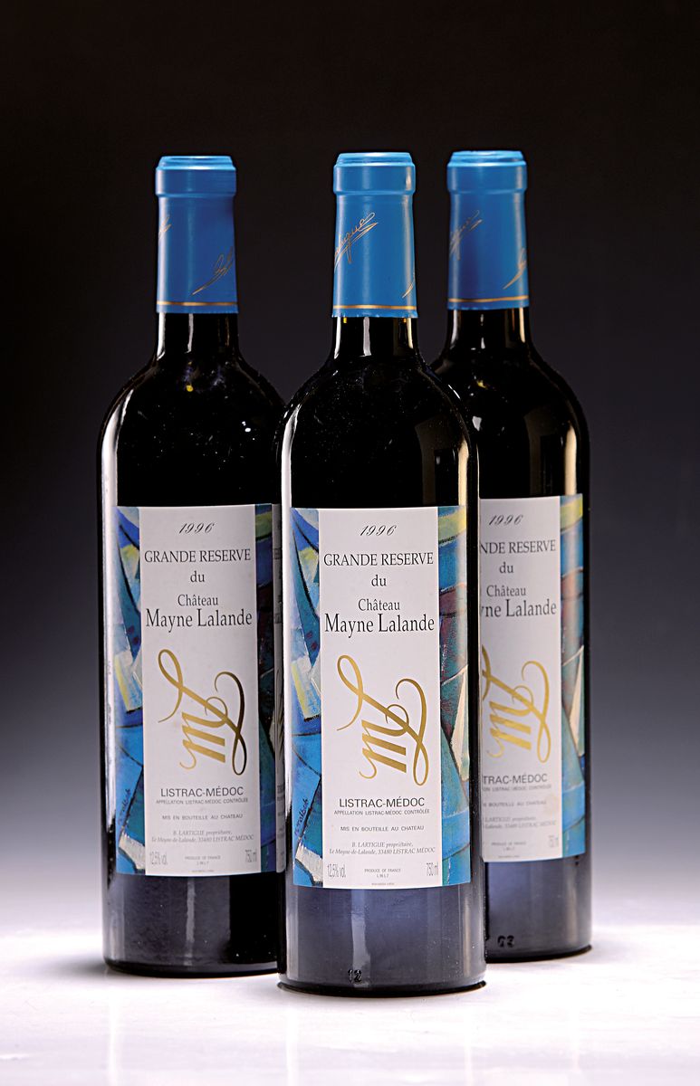 3 Flaschen 1996 Chateau Mayne Lalande, Listrac-Medoc, ca. 750ml, 12,5% Vol., High Fill