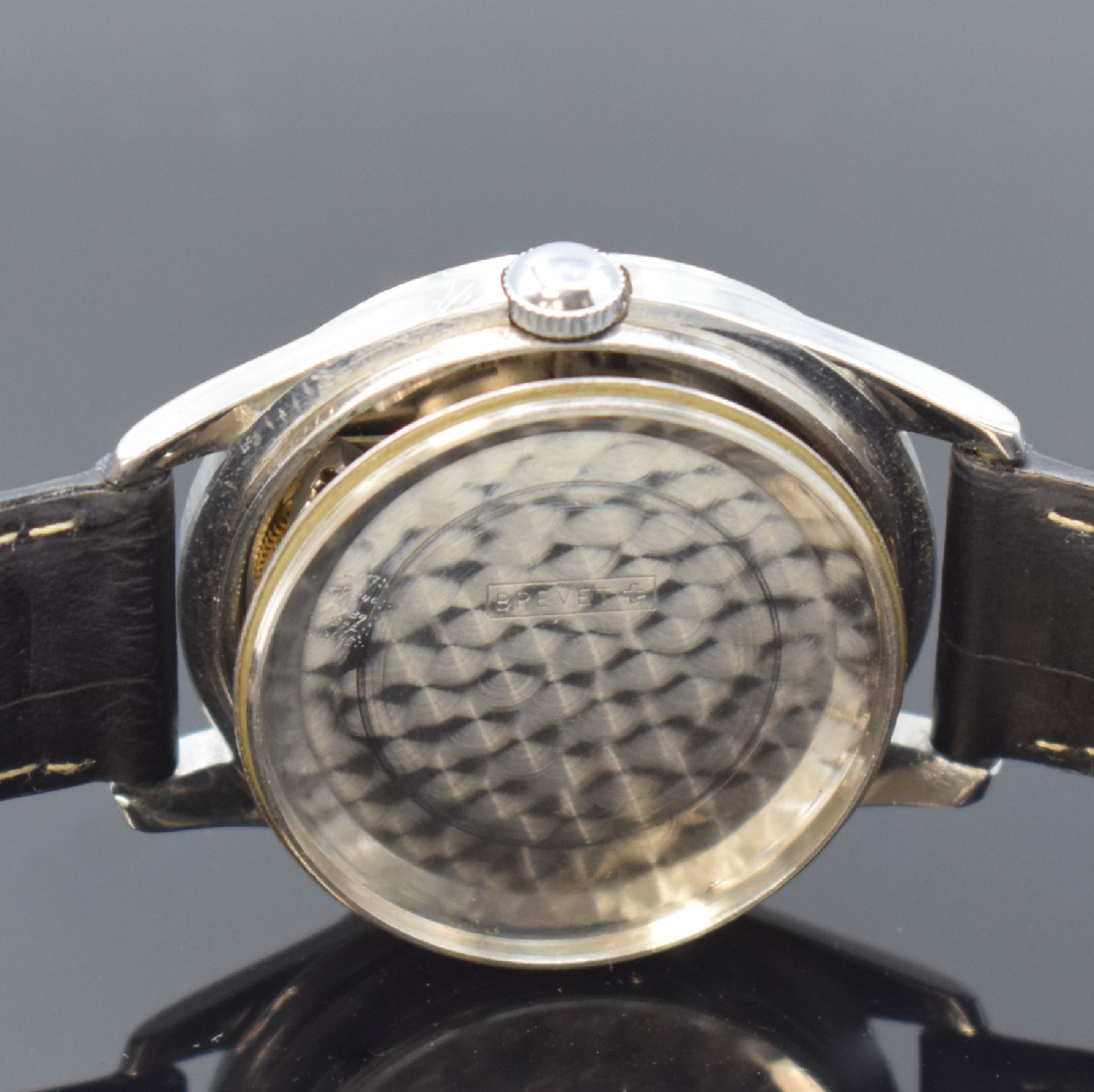 Detail f: ZENITH seltene Herrenarmbanduhr Kaliber 133.8, Schweiz um 1956, Hammerautomatik, Edelstahlgeh., Boden verschr., silb. Zifferbl. m. aufges. Std.-Ind. ...