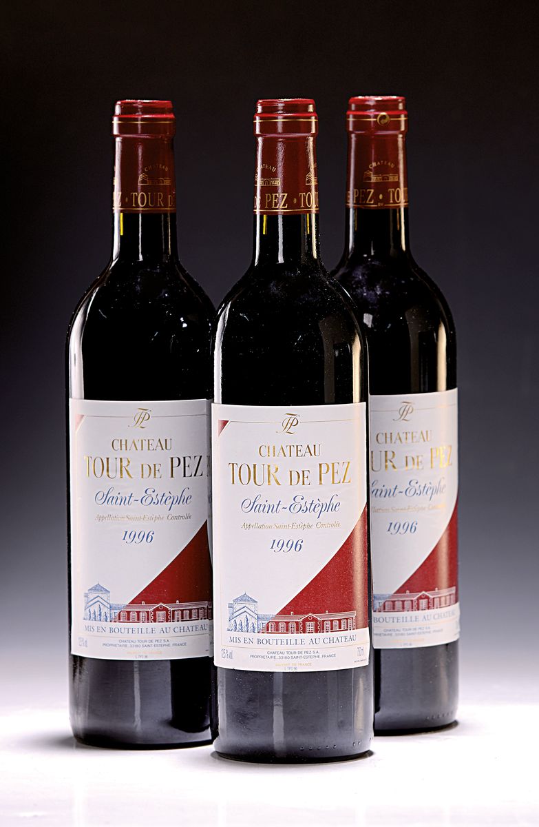 3 Flaschen 1996 Chateau Tour de Pez, Saint Estephe, ca. 750ml, 12,5% Vol., High Fill