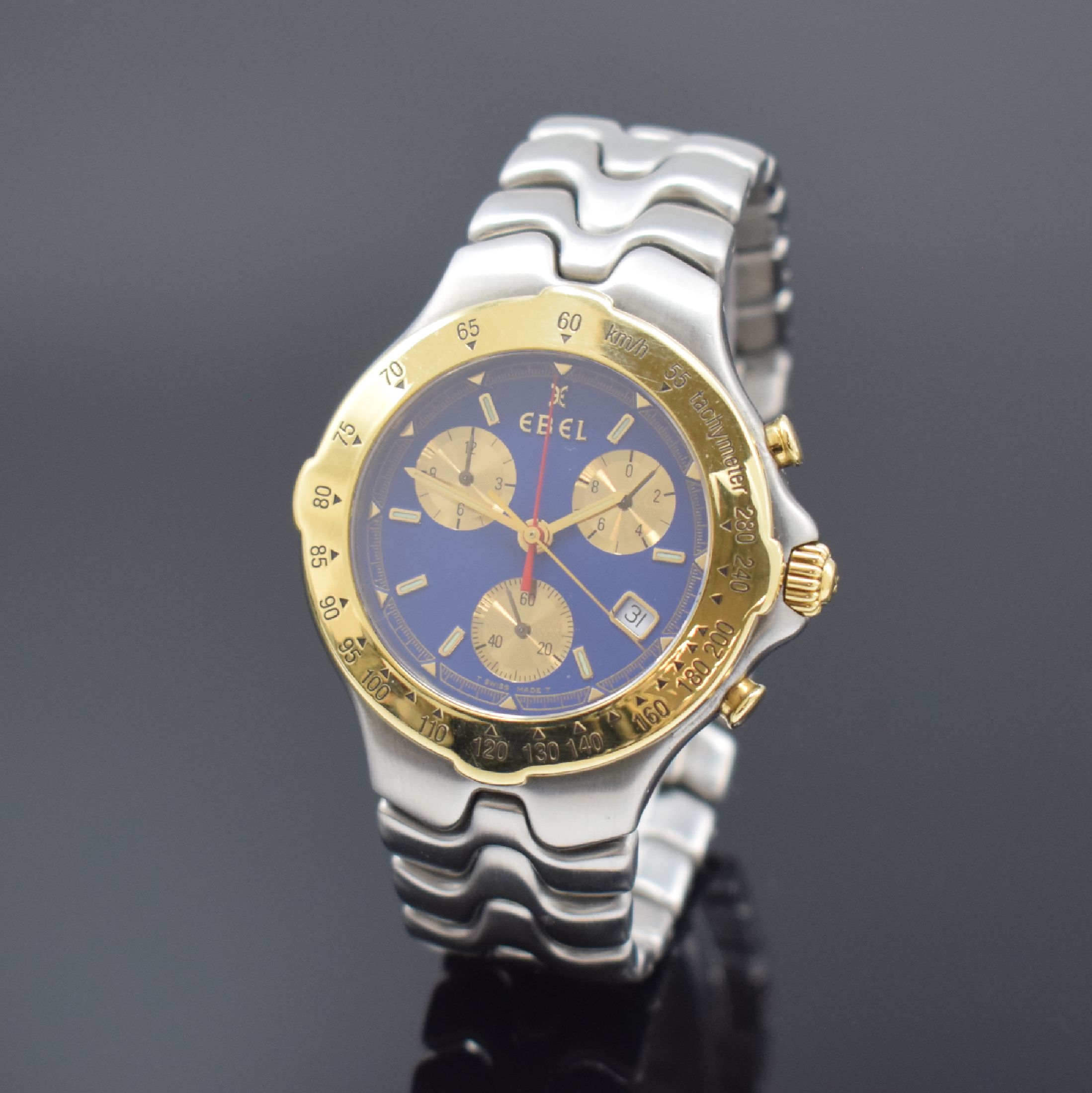 EBEL Sportwave Armbandchronograph Referenz 6251641, Schweiz um 1995, quarz, Edelstahlgeh. inkl. Gliederband m. dopp. Faltschl., Lünette m. grav. ...