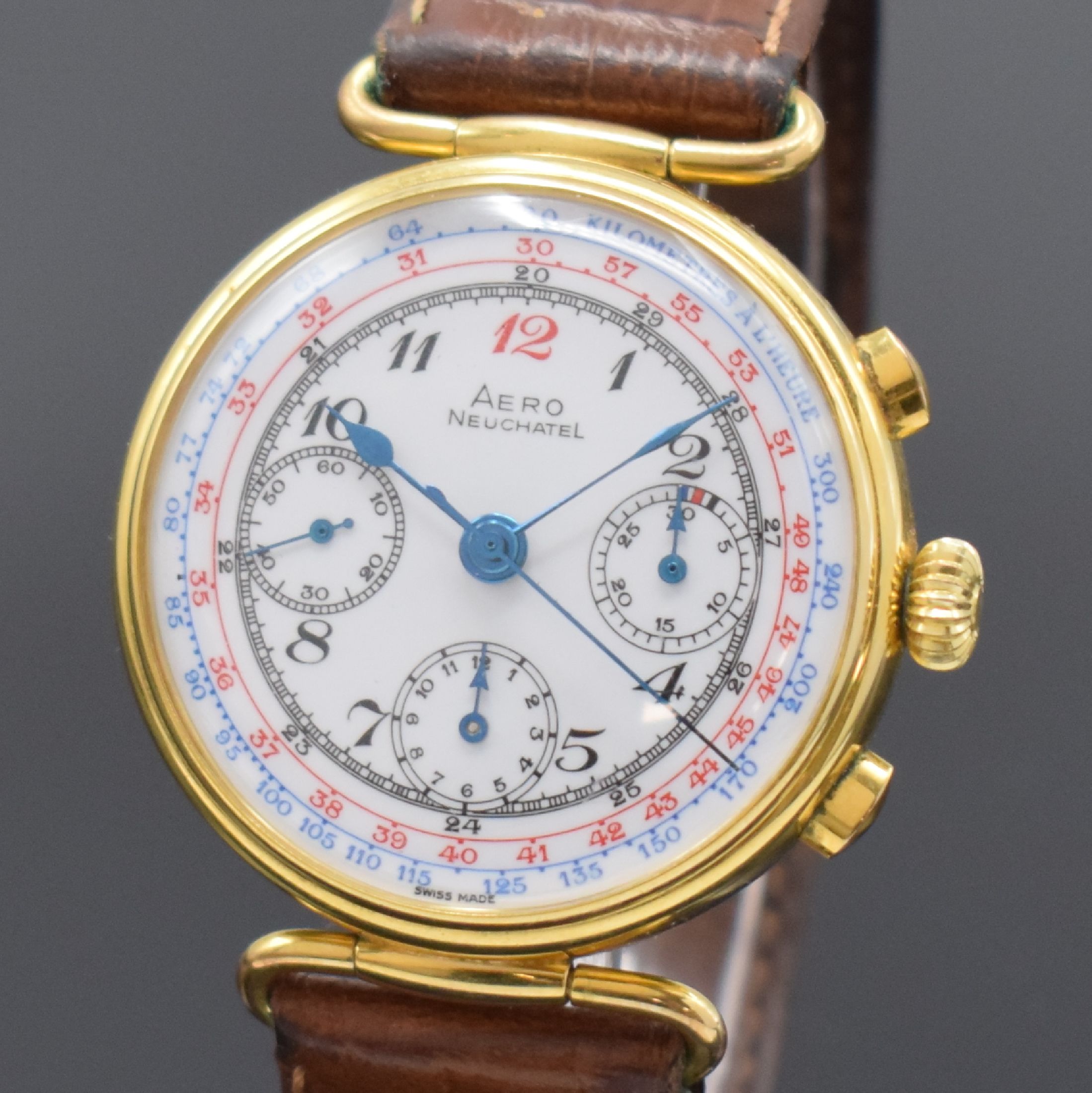 Detail a: AERO NEUCHATEL Schaltradchronograph, Schweiz 1990er Jahre, Handaufzug, nach Vorbild 1930er Jahre, Metallgeh. hartverg., beids. vergl., bewegl. ...