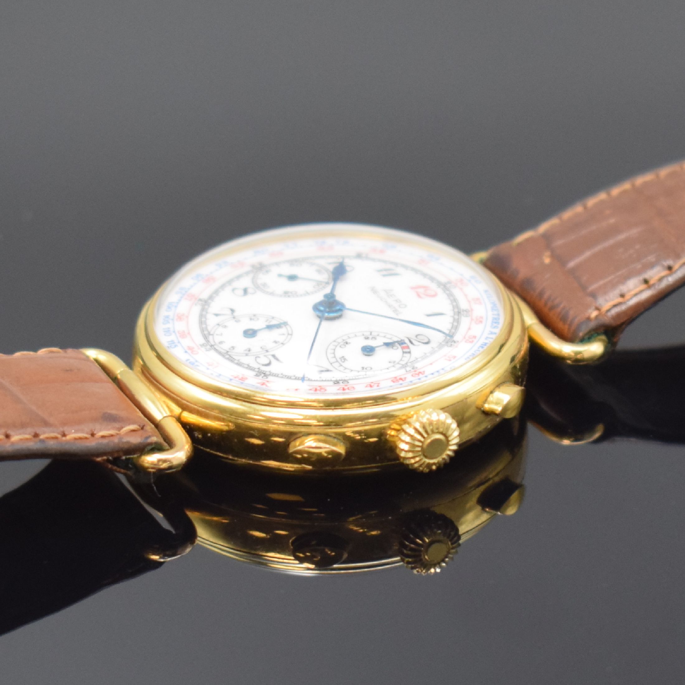 Detail b: AERO NEUCHATEL Schaltradchronograph, Schweiz 1990er Jahre, Handaufzug, nach Vorbild 1930er Jahre, Metallgeh. hartverg., beids. vergl., bewegl. ...