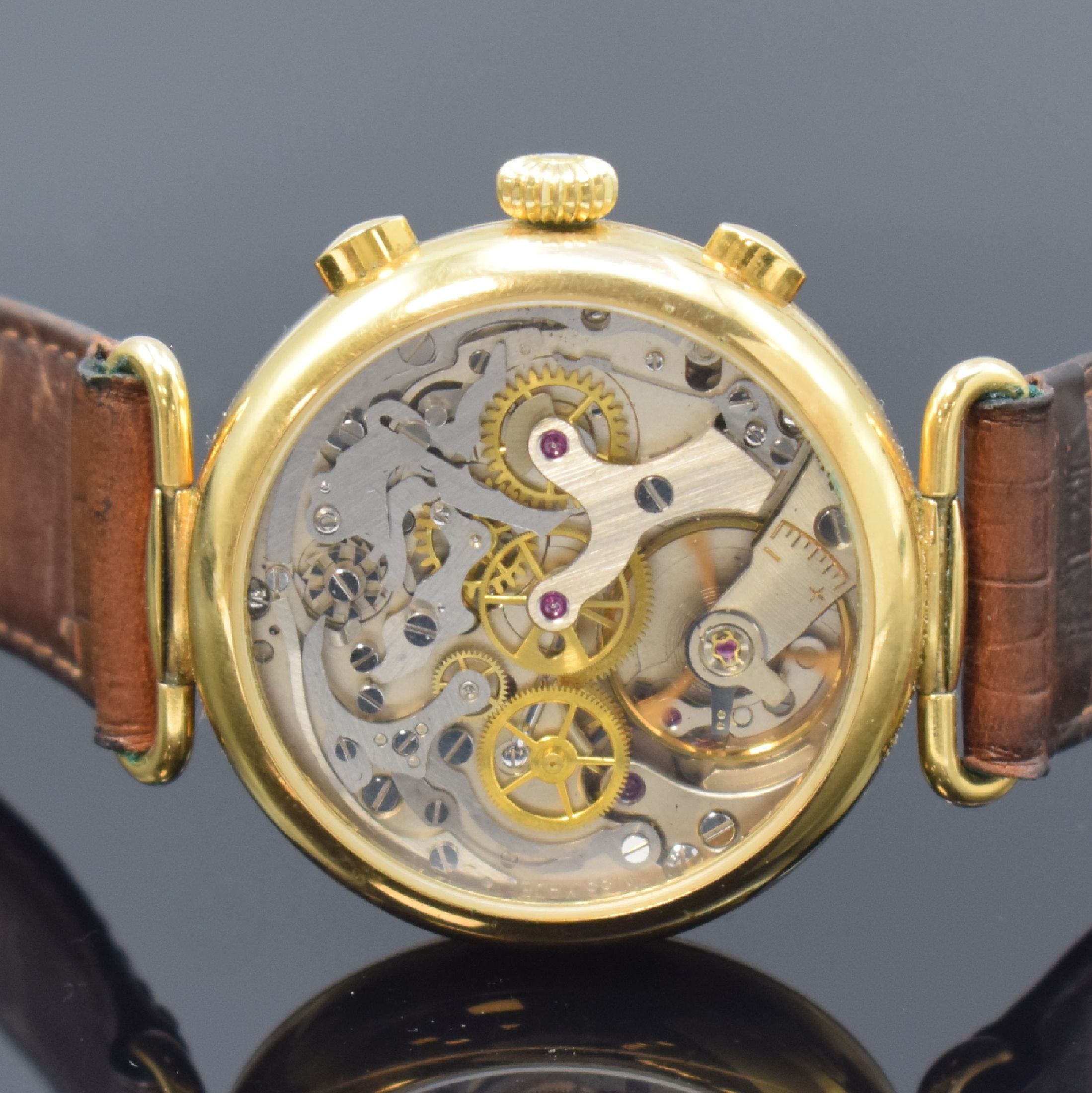 Detail c: AERO NEUCHATEL Schaltradchronograph, Schweiz 1990er Jahre, Handaufzug, nach Vorbild 1930er Jahre, Metallgeh. hartverg., beids. vergl., bewegl. ...