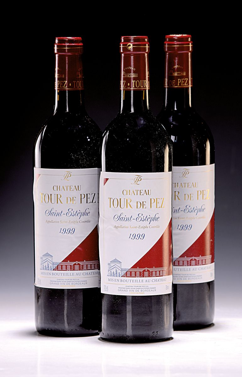 3 Flaschen 1999 Chateau Tour de Pez, Saint -Estephe, ca. 750ml, 13% Vol., High Fill, Etikett z.T. l. gewellt