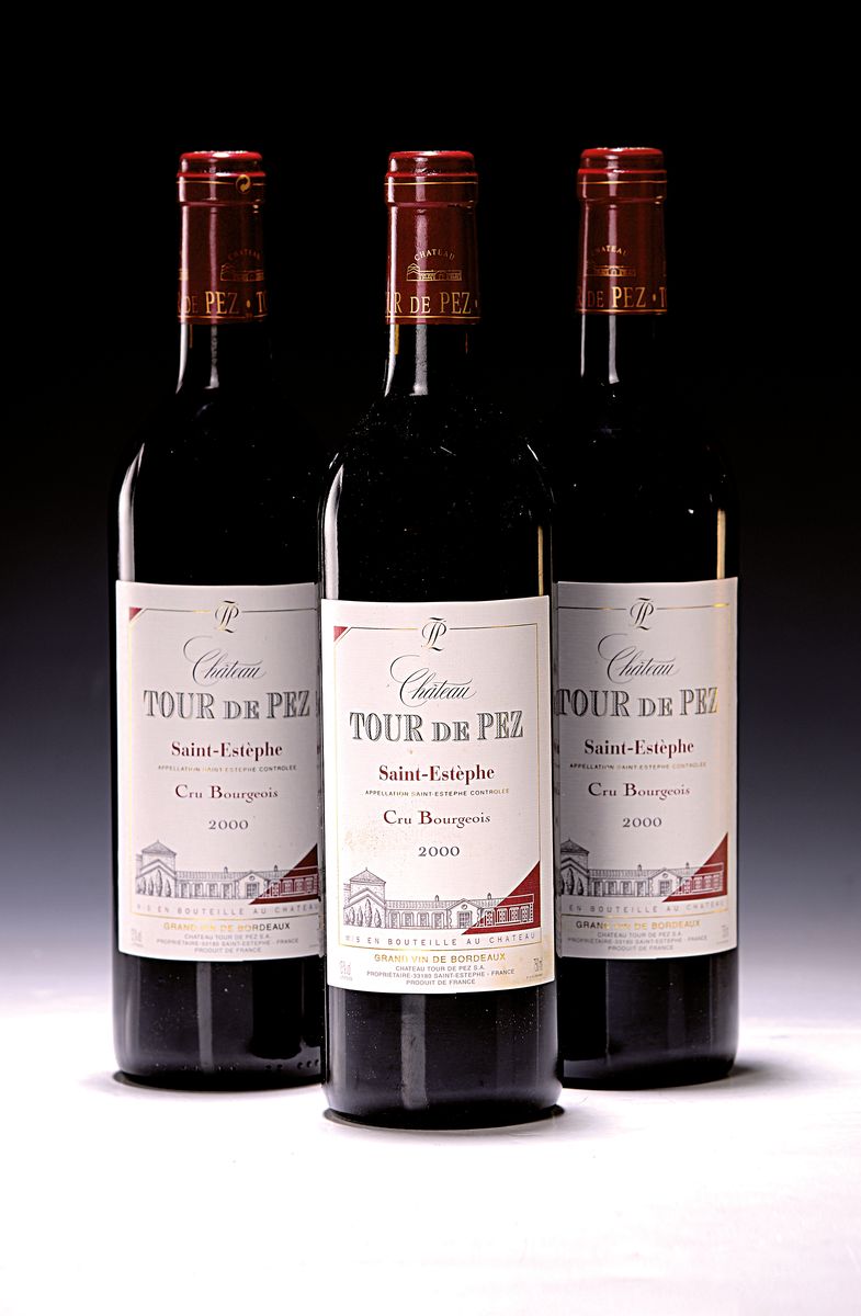 3 Flaschen 2000 Chateau Tour de Pez, Saint -Estephe, ca. 750ml, 13% Vol., High Fill