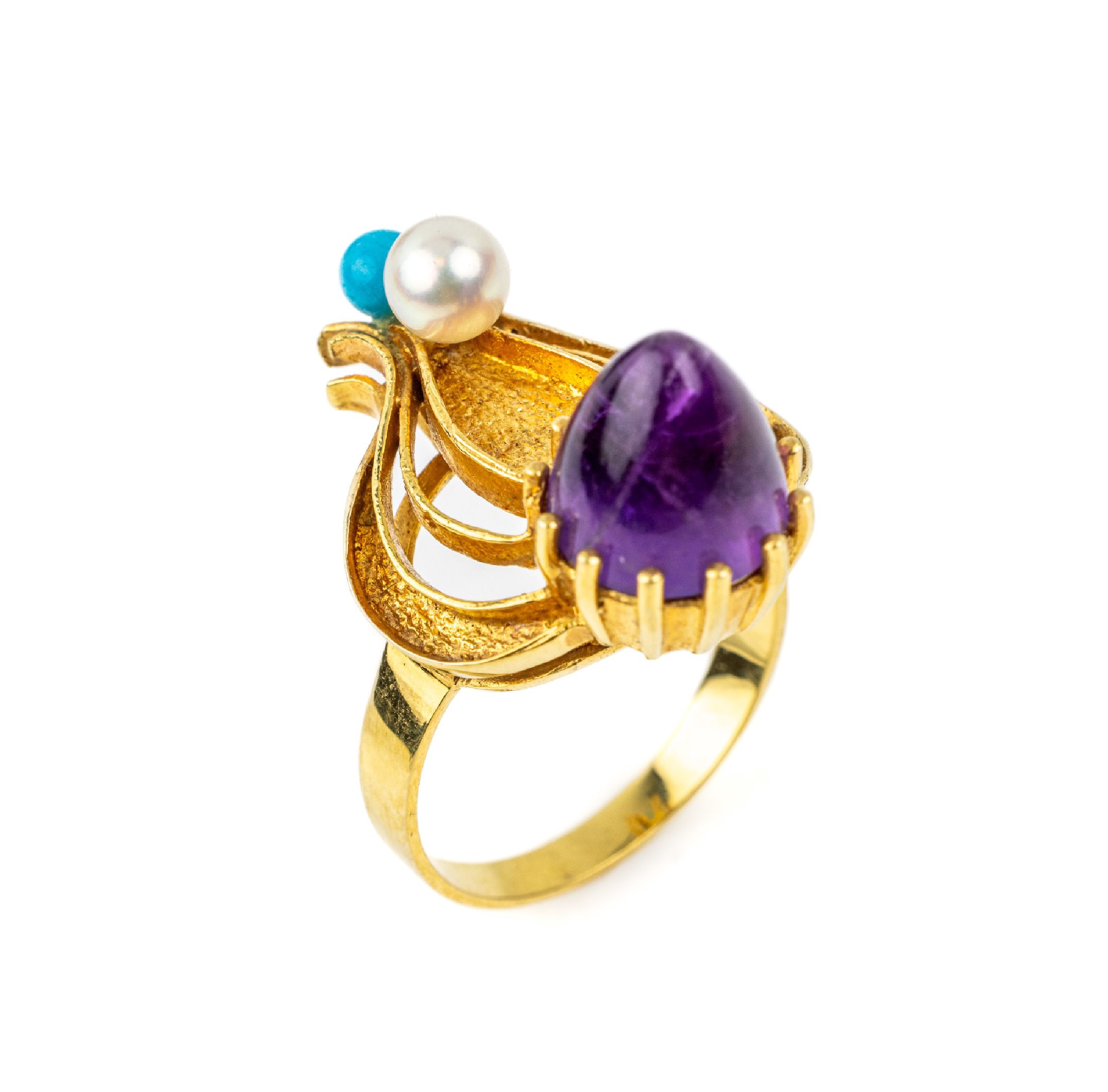14 kt Gold Designerring, GG 585/000, ausgefallenes Design in Form einer abstr. Blüte, weiße Zuchtperle, blaue Achatkugel, hoher Amethystkegel, ...