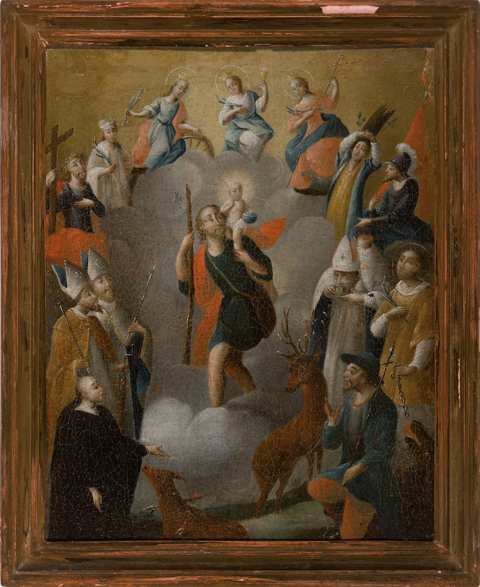 Detail k: Heiligenbild, Unbekannter Künstler des 18.Jh., Hl. Christophorus in einer Mandorla aus Patronatsheiligen u.a. die Heiligen Katharina, Leonhard, ...