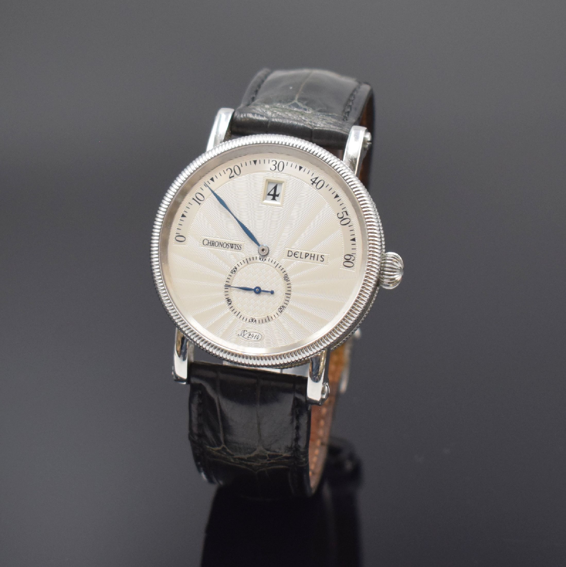 CHRONOSWISS Delphis Herrenarmbanduhr in Edelstahl Referenz CH 1423, Schweiz um 2000, Automatik, beids. vergl. Geh., Boden geschr., Lederband m. ...