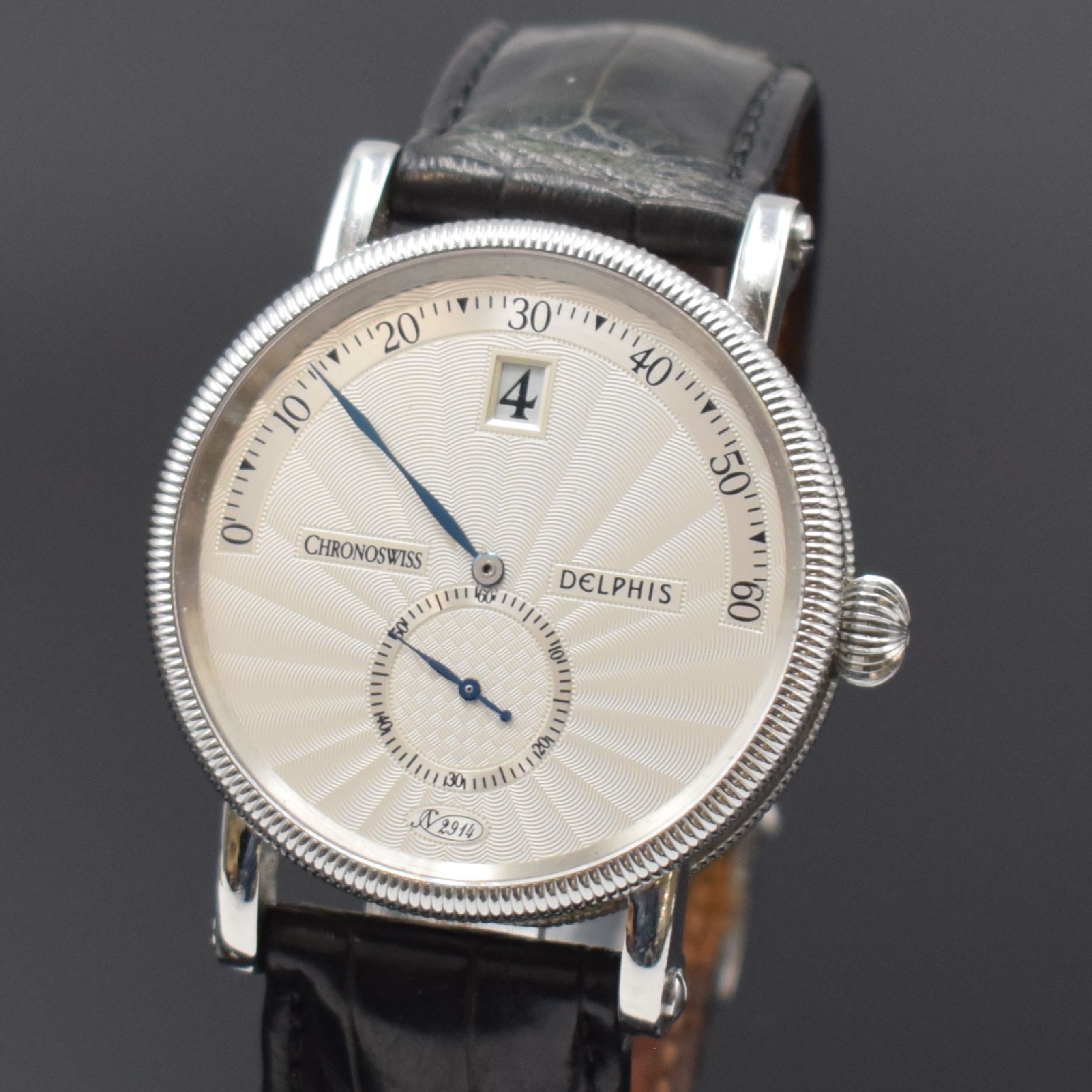 Detail a: CHRONOSWISS Delphis Herrenarmbanduhr in Edelstahl Referenz CH 1423, Schweiz um 2000, Automatik, beids. vergl. Geh., Boden geschr., Lederband m. ...