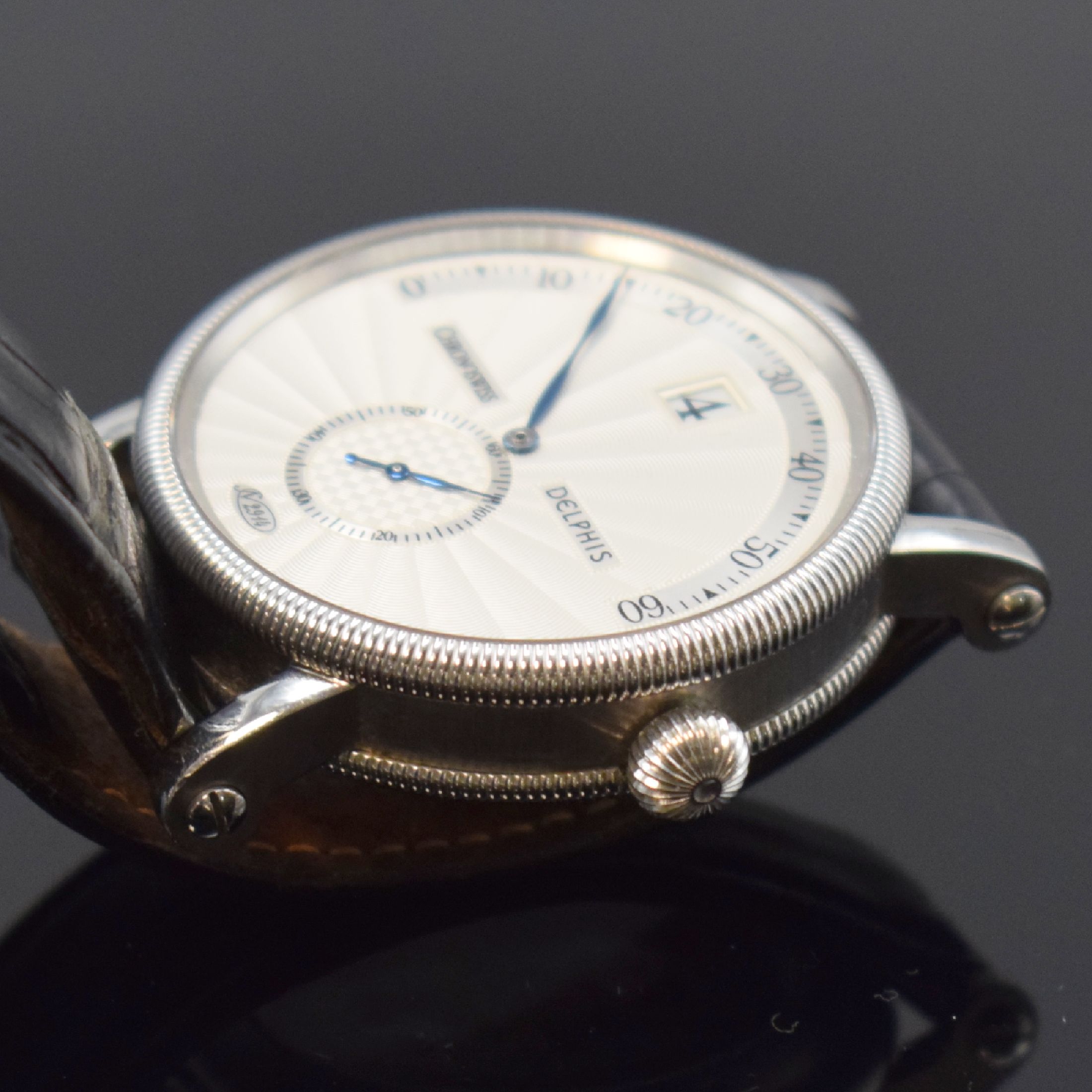 Detail c: CHRONOSWISS Delphis Herrenarmbanduhr in Edelstahl Referenz CH 1423, Schweiz um 2000, Automatik, beids. vergl. Geh., Boden geschr., Lederband m. ...