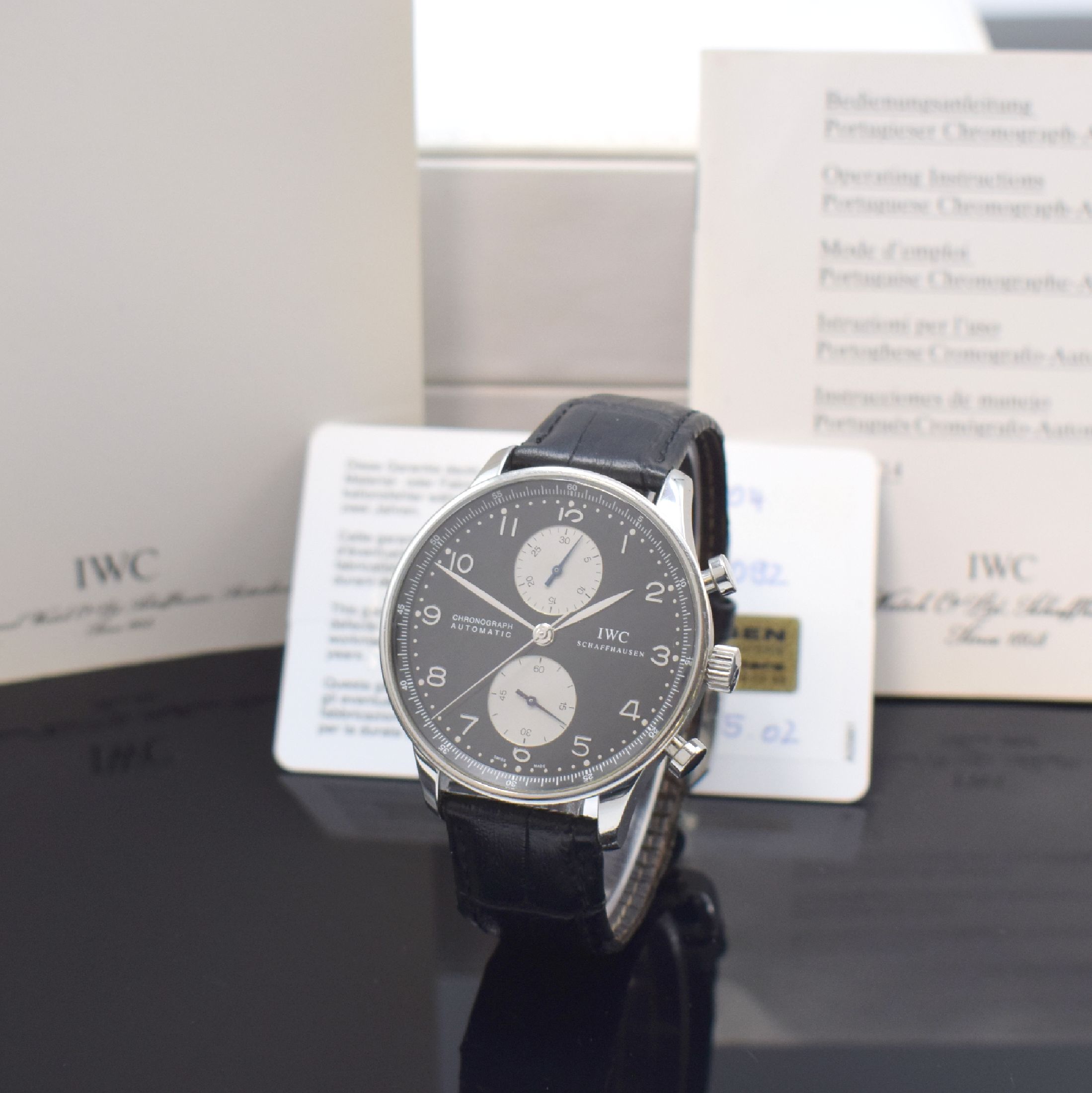 IWC Portugieser Herrenarmbanduhr mit Chronograph Referenz 3714, Schweiz verk. 05/2002 lt. beil. Gar.-Karte, Automatik, Edelstahlgeh., Boden verschr., ...