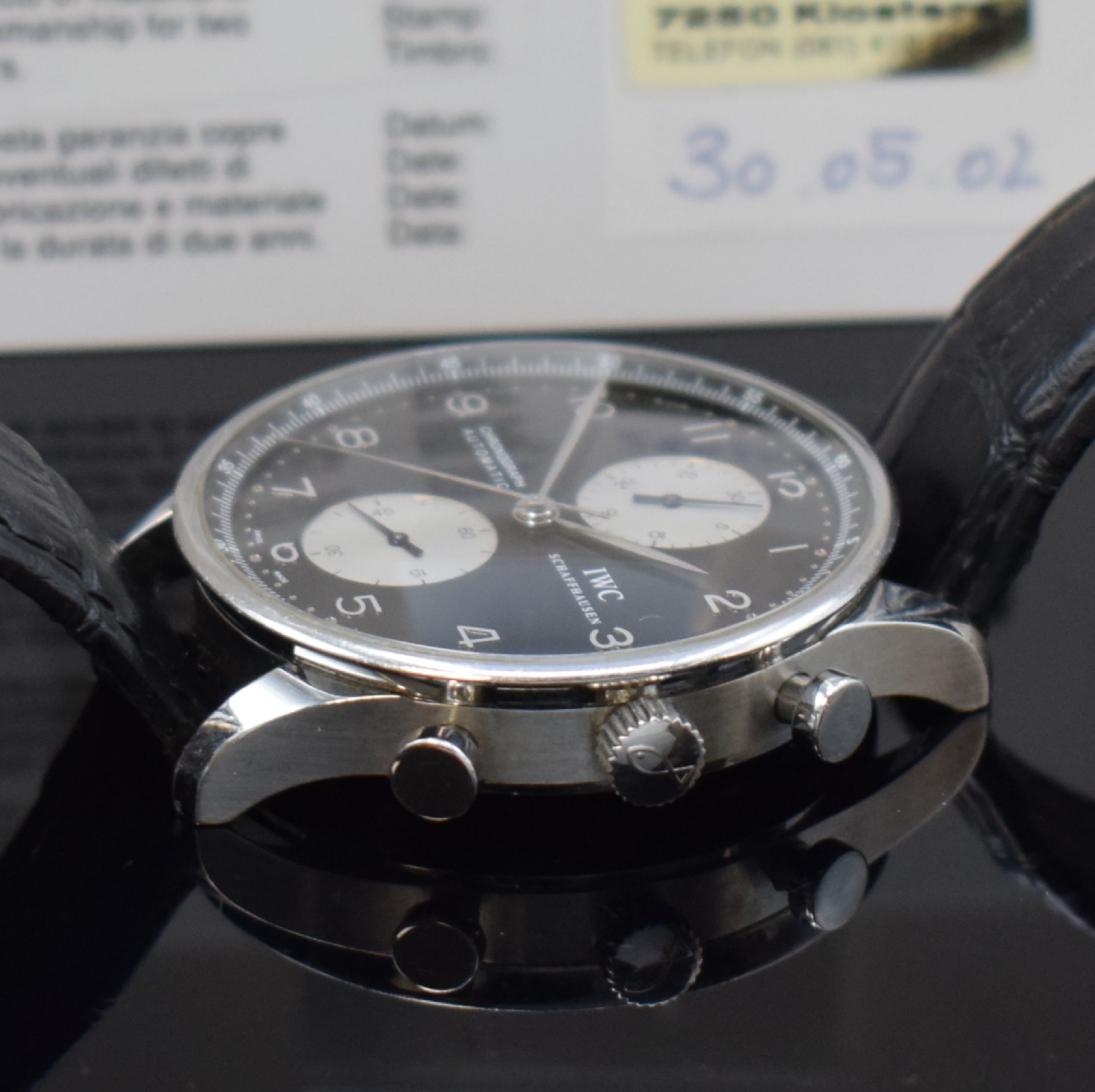 Detail c: IWC Portugieser Herrenarmbanduhr mit Chronograph Referenz 3714, Schweiz verk. 05/2002 lt. beil. Gar.-Karte, Automatik, Edelstahlgeh., Boden verschr., ...