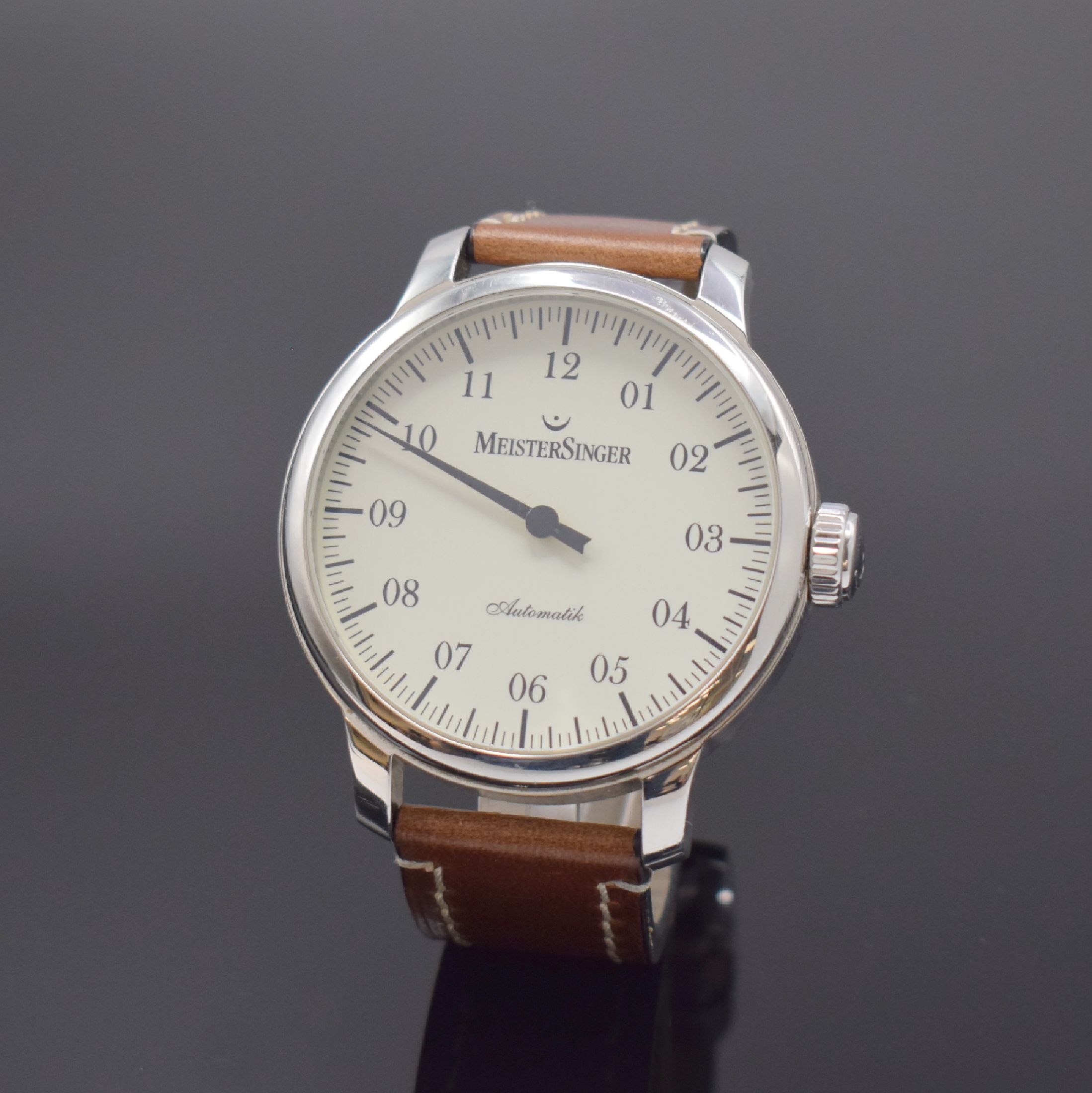 MEISTERSINGER Granmatik große Herrenarmbanduhr mit einem Zeiger, Schweiz um 2010, Automatik, 2-teil. Gehäuse, Boden 6-fach verschr., orig. ...