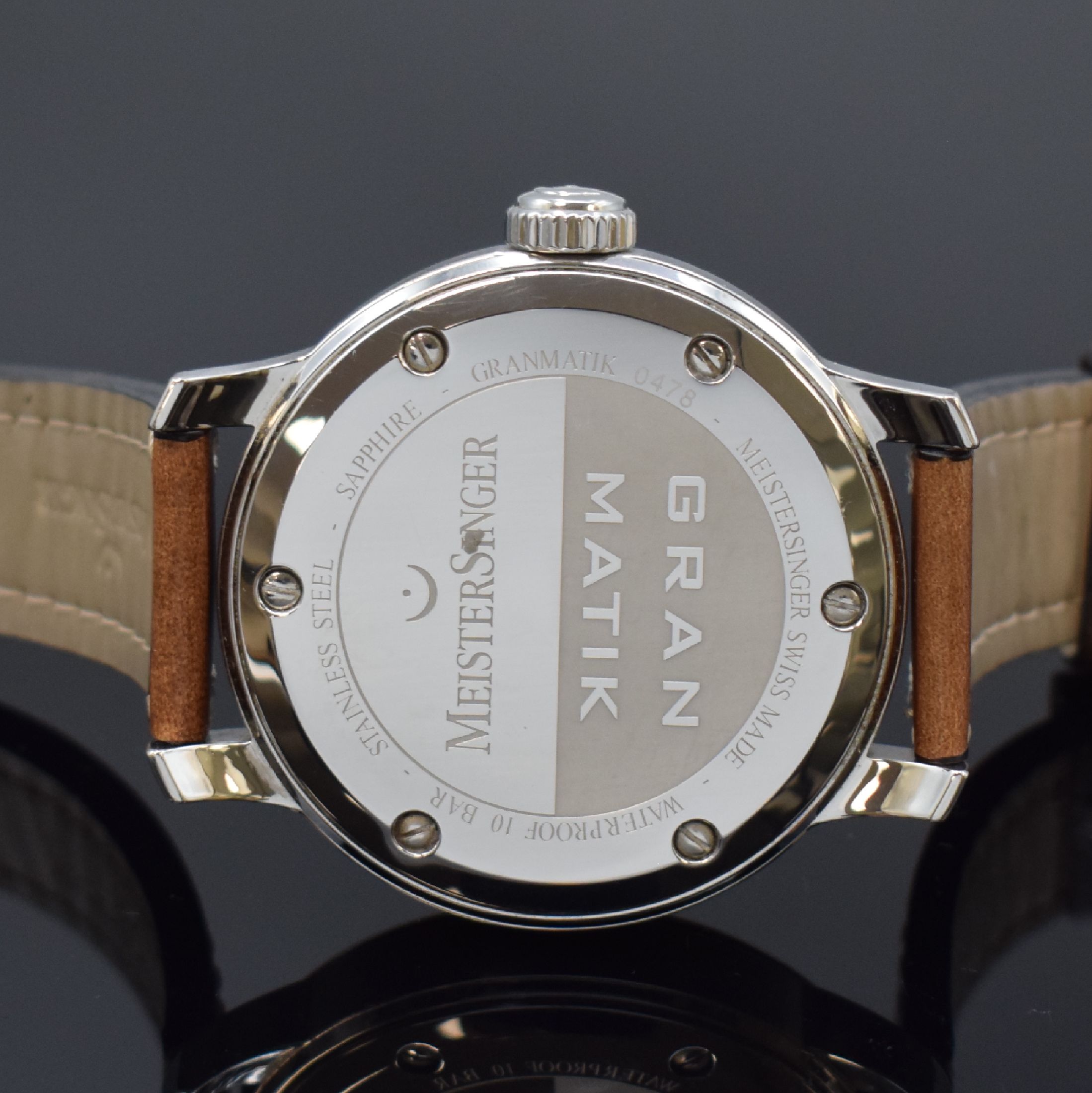 Detail d: MEISTERSINGER Granmatik große Herrenarmbanduhr mit einem Zeiger, Schweiz um 2010, Automatik, 2-teil. Gehäuse, Boden 6-fach verschr., orig. ...