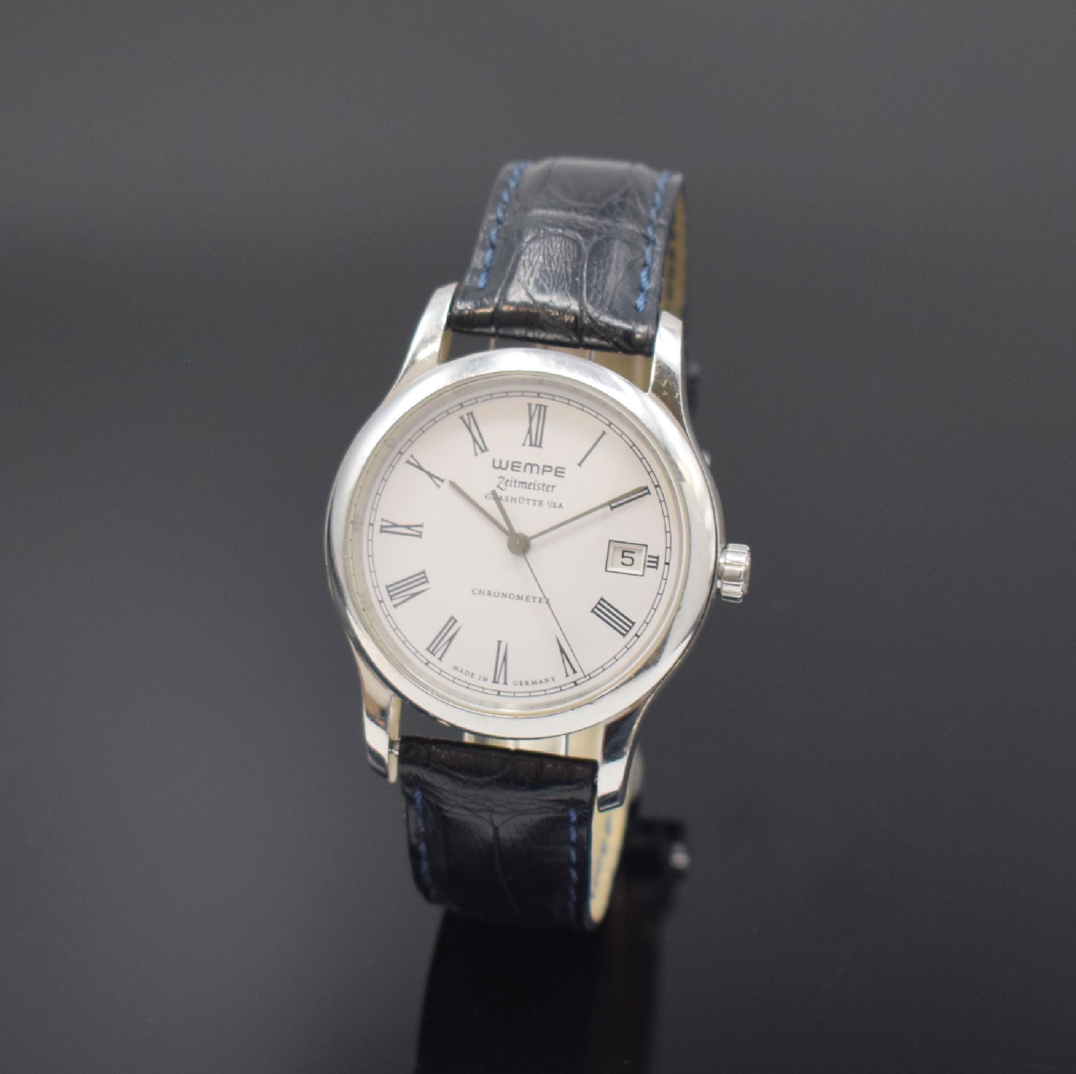 WEMPE Zeitmeister Glashütte i/SA Chronometer Herrenarmbanduhr in Stahl, Deutschland um 2010, Automatik, 3-teil. Gehäuse, Boden verschr., weißes ...