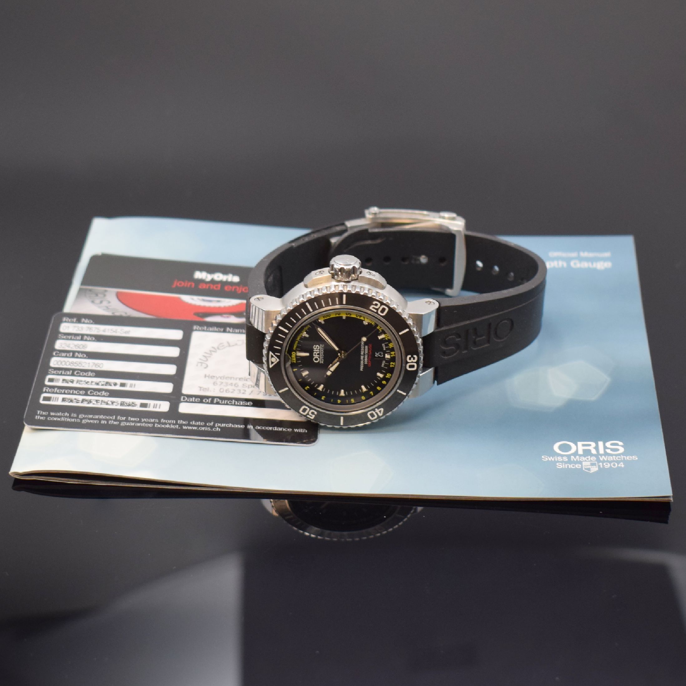Detail f: ORIS Aquis Depth Gauge Taucherarmbanduhr Referenz 7675, Schweiz um 2015, Automatik, massives beids. vergl. Gehäuse in Edelstahl, Boden u. Krone ...