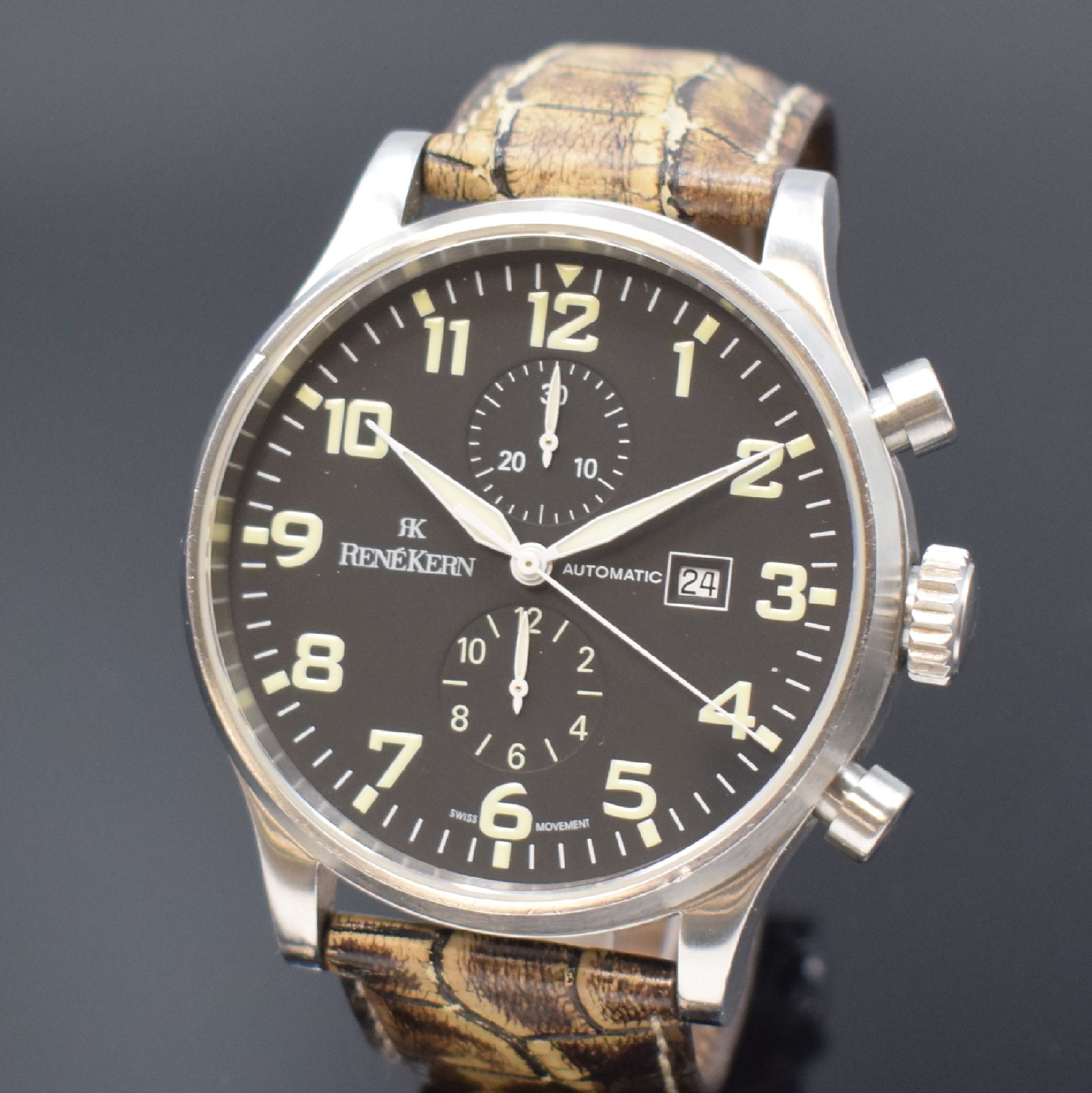 Detail a: RENE KERN große Herrenarmbanduhr mit Chronograph in Edelstahl, Deutschland/ Schweiz um 2007, Automatik, massives Gehäuse, Boden geschr., schwarzes ...