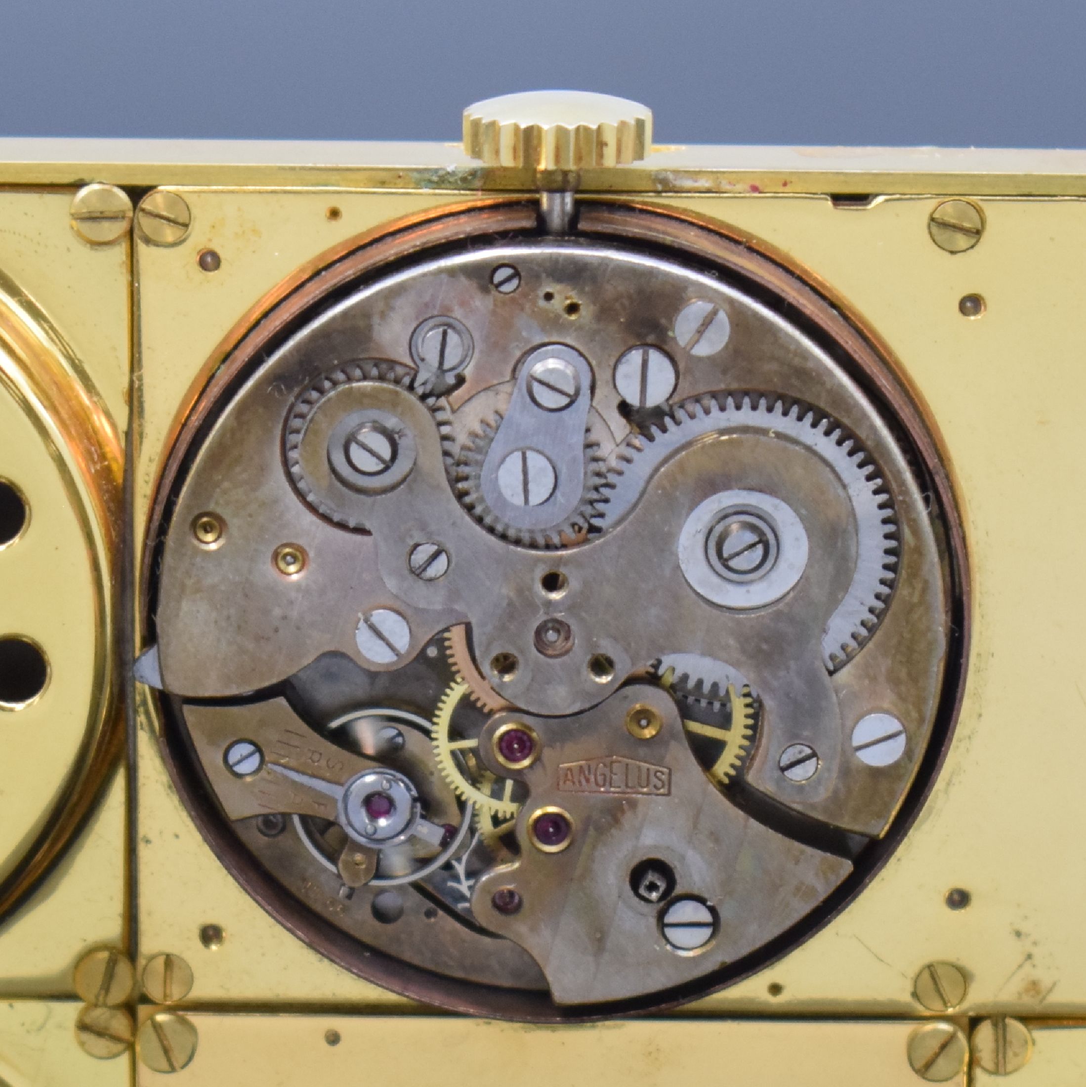 Detail f: ANGELUS 8-Tage-Uhr Kaliber 240 mit Wetterstation, Kalender und Kompass, Schweiz um 1956, Messinggeh. im aufklappbaren Etui, Anzeige v. Zeit, Wecker, ...