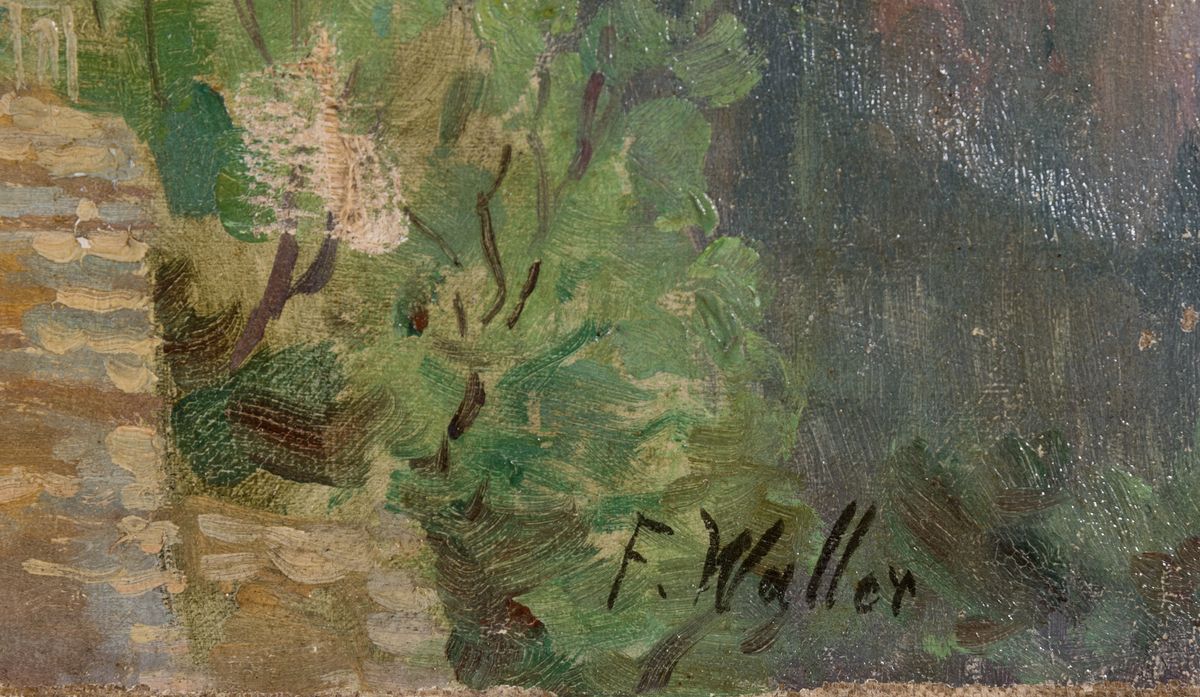 Detail a: Frank Waller, 1842-1923, Gebirgspanorama mit Ruine, rechts unten signiert, Öl/Lwd, Lwd -Schaden, rest., ungerahmt, 40x50 cm