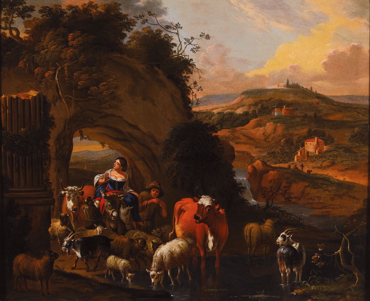 Zuschreibung: Nicolas Berchem (Berghem), 1620 Haarlem-1683, Bäuerin treibt ihre kleine Herde von Kühen, Schafen und Ziegen durch einen Torbogen mit ...