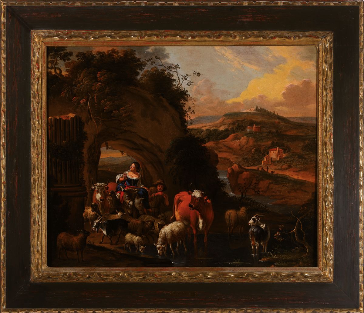 Detail k: Zuschreibung: Nicolas Berchem (Berghem), 1620 Haarlem-1683, Bäuerin treibt ihre kleine Herde von Kühen, Schafen und Ziegen durch einen Torbogen mit ...