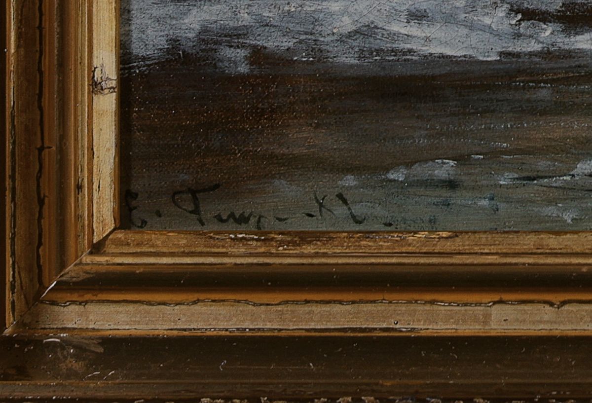 Detail a: Unleserlich signiert, 2. Hälfte 19. Jh., vielfiguriges Eisvergnügen, Öl/Lwd/Holz, links unten unleserlich signiert E. Tun..., altersbedingt ...