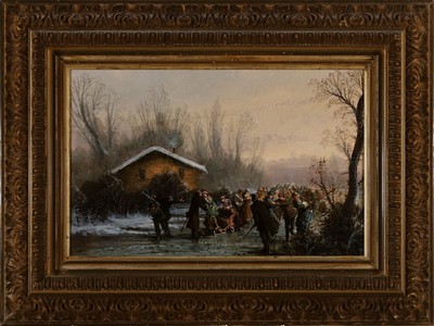 26641594k - Illegibly signed, 2nd half of 19th century, multi-figured ice fun, oil/canvas/wood, lower left illegally signed E. Tun..., due to age crazed, skillful and detailed description, approx. 35x43cm, pomp frame approx. 58x76cm