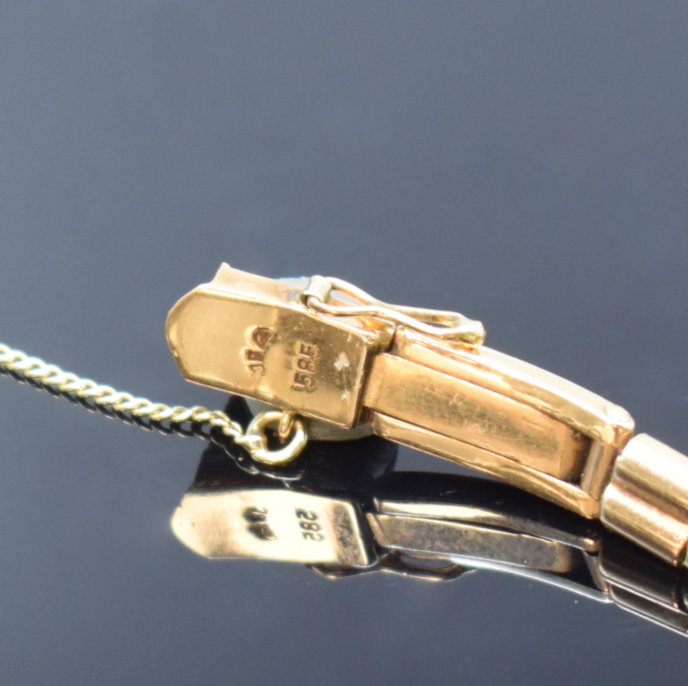 Detail b: FELCA Damenarmbanduhr in RoseG 750/000 mit Band in GG/RoseG 585/000, Schweiz um 1950, Handaufzug, 2-teil. Geh., Boden aufgedr., kupferfarb. ...