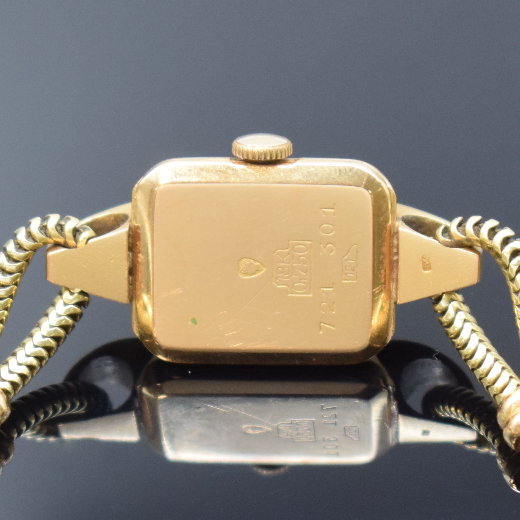 Detail c: FELCA Damenarmbanduhr in RoseG 750/000 mit Band in GG/RoseG 585/000, Schweiz um 1950, Handaufzug, 2-teil. Geh., Boden aufgedr., kupferfarb. ...