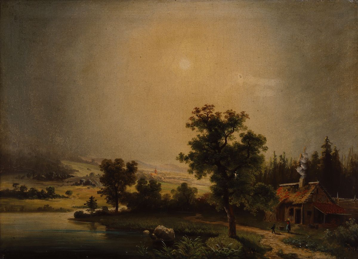 (Wilhelm) Theodor Nocken, 1830-1905 Düsseldorf, Bauerngehöft an einem Fluss in hügeliger Landschaft, Öl/Lwd, links unten signiert Th. Nocken, ca. ...