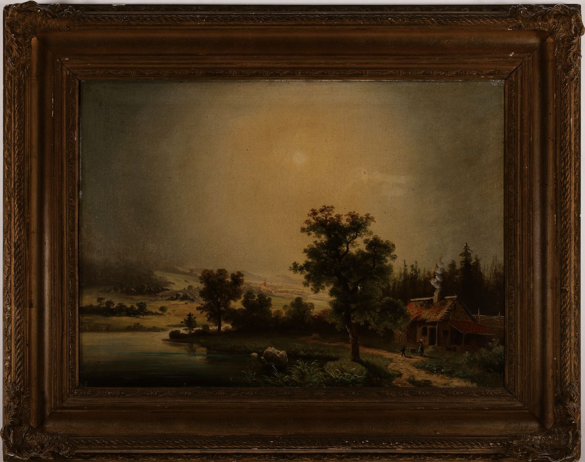 Detail k: (Wilhelm) Theodor Nocken, 1830-1905 Düsseldorf, Bauerngehöft an einem Fluss in hügeliger Landschaft, Öl/Lwd, links unten signiert Th. Nocken, ca. ...