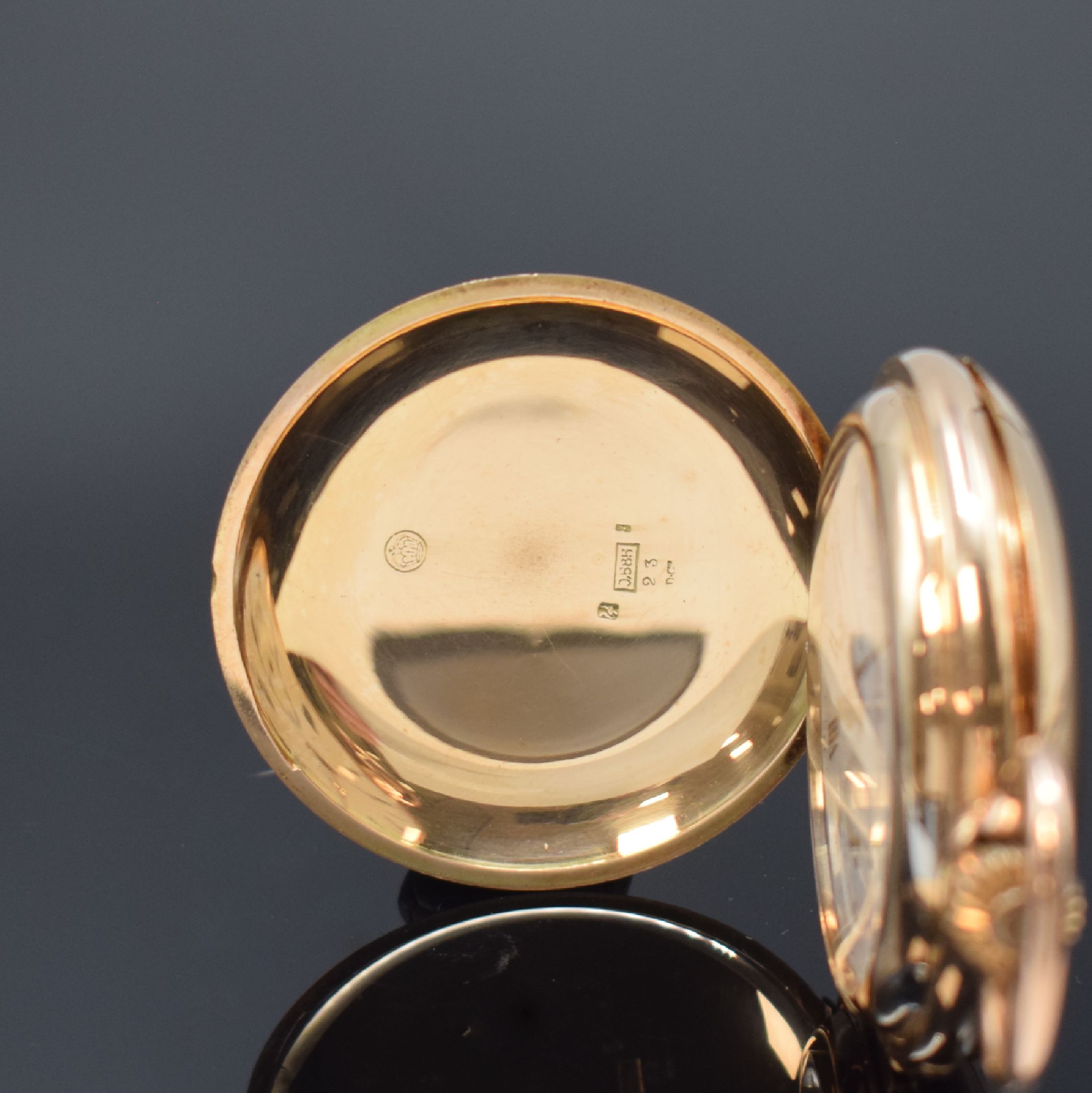 Detail a: LeCOULTRE schwere Herrensavonette mit Minutenrepetition in RG 585/000, Schweiz um 1900, glattes 3-Deckel Goldgeh., Monogramm- Grav. auf dem ...