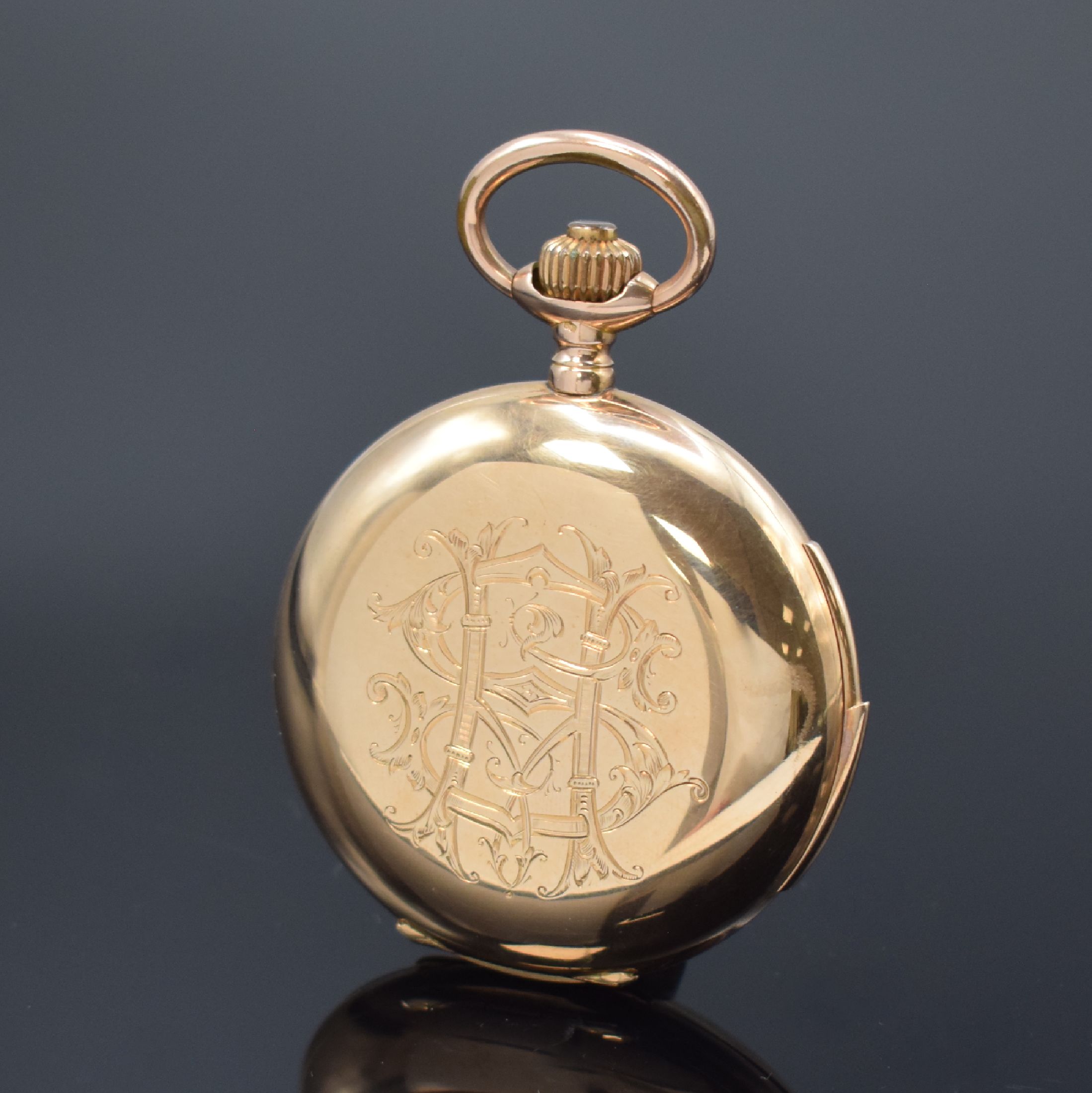 Detail b: LeCOULTRE schwere Herrensavonette mit Minutenrepetition in RG 585/000, Schweiz um 1900, glattes 3-Deckel Goldgeh., Monogramm- Grav. auf dem ...