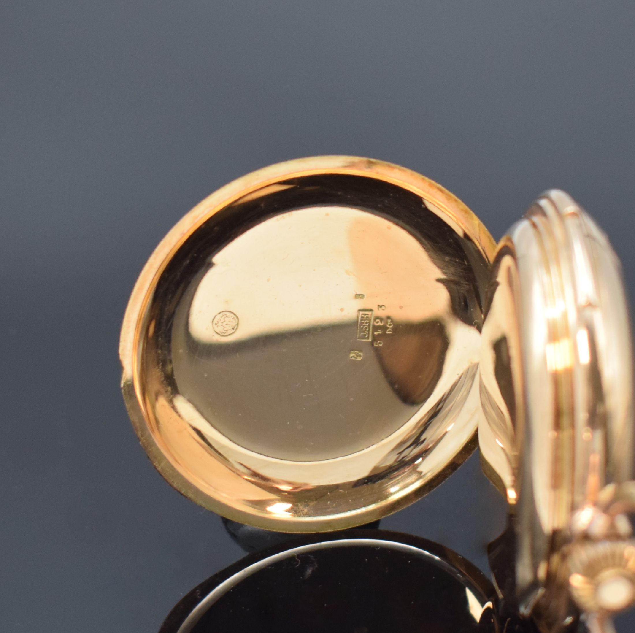 Detail d: LeCOULTRE schwere Herrensavonette mit Minutenrepetition in RG 585/000, Schweiz um 1900, glattes 3-Deckel Goldgeh., Monogramm- Grav. auf dem ...