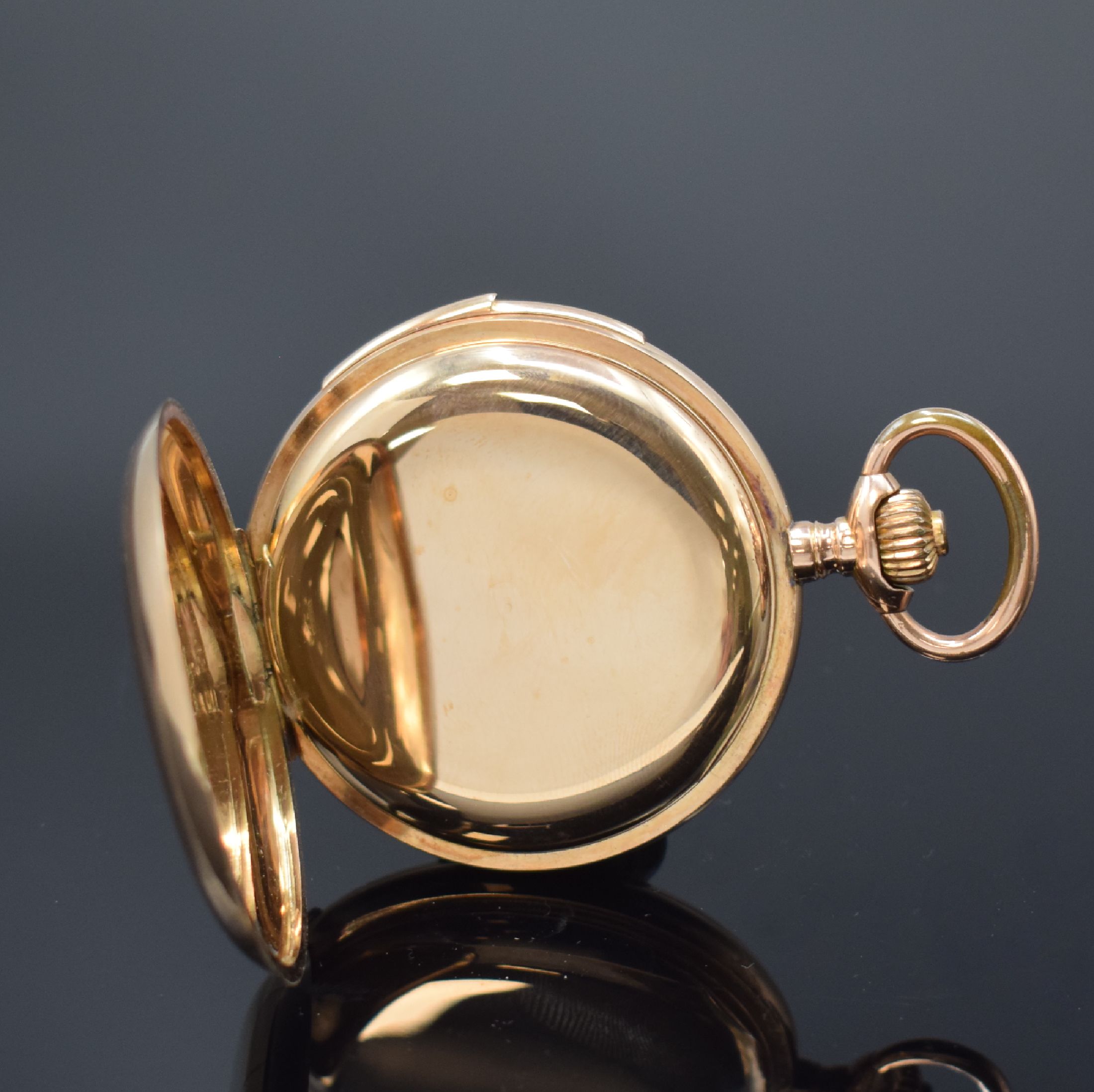 Detail e: LeCOULTRE schwere Herrensavonette mit Minutenrepetition in RG 585/000, Schweiz um 1900, glattes 3-Deckel Goldgeh., Monogramm- Grav. auf dem ...