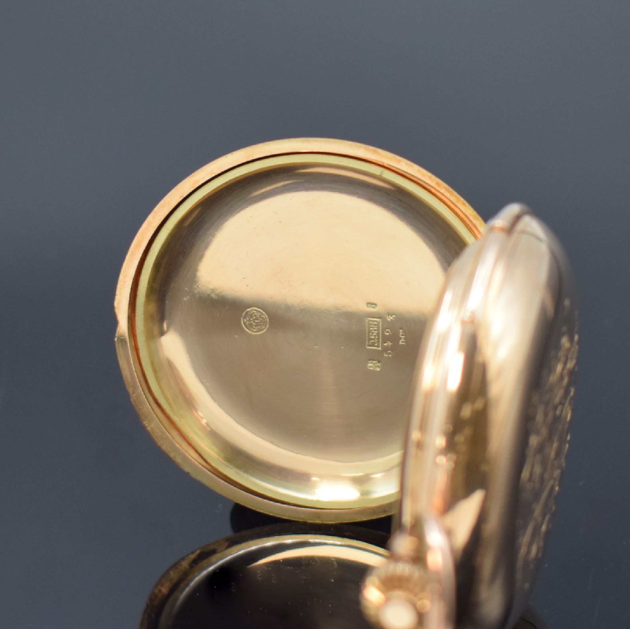 Detail f: LeCOULTRE schwere Herrensavonette mit Minutenrepetition in RG 585/000, Schweiz um 1900, glattes 3-Deckel Goldgeh., Monogramm- Grav. auf dem ...