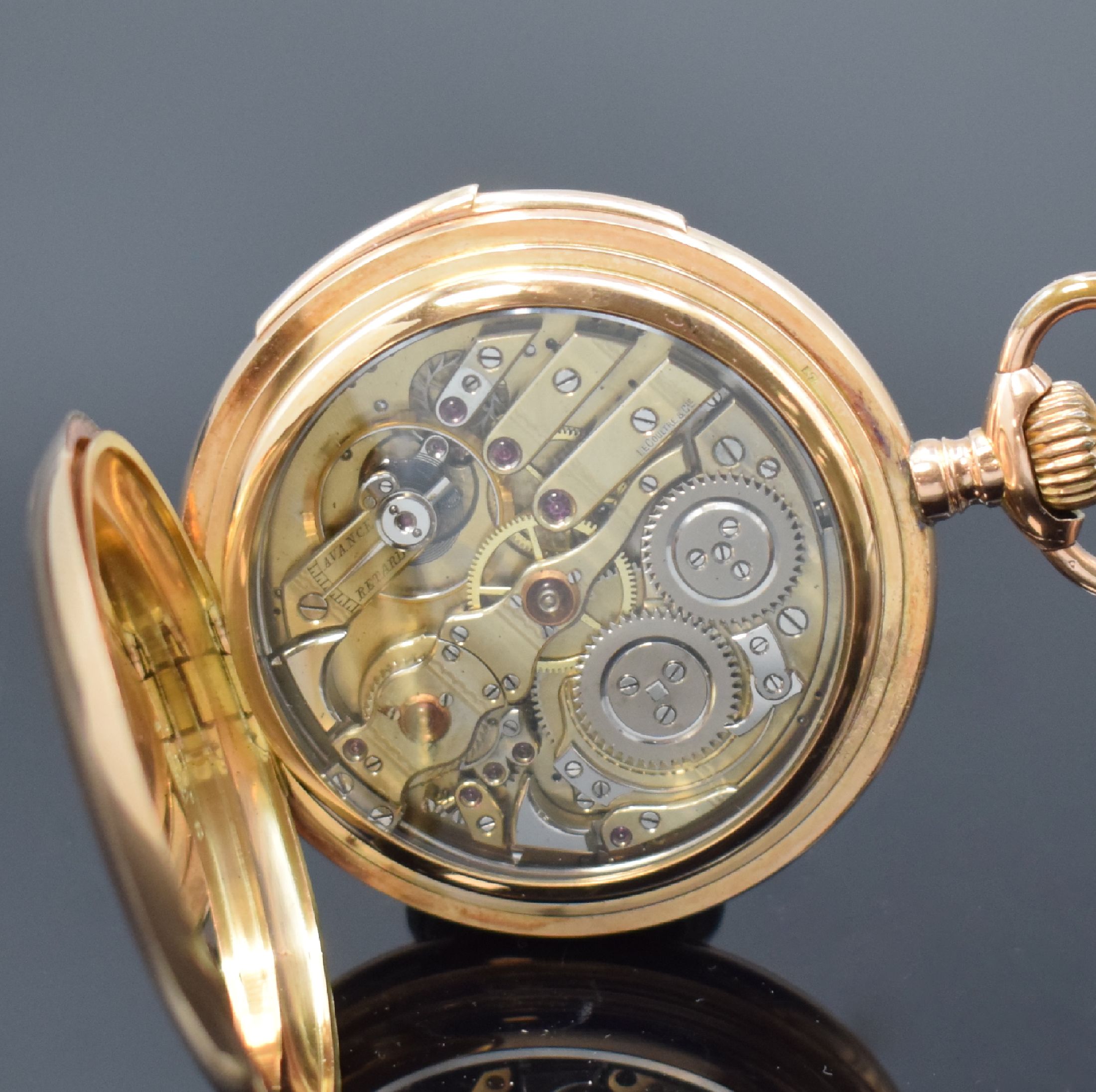 Detail g: LeCOULTRE schwere Herrensavonette mit Minutenrepetition in RG 585/000, Schweiz um 1900, glattes 3-Deckel Goldgeh., Monogramm- Grav. auf dem ...