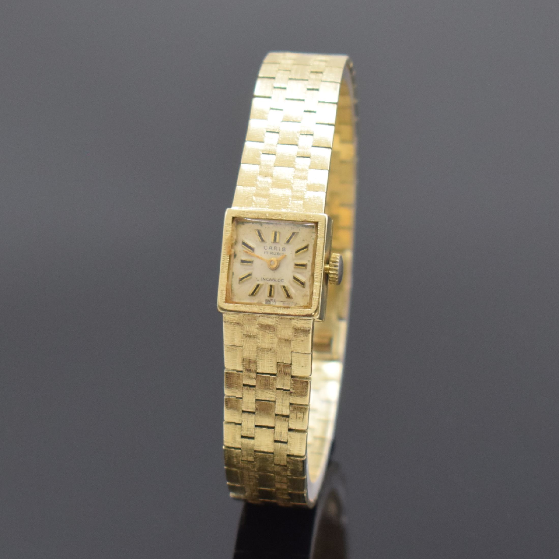 CARIB Damenarmbanduhr in GG 585/000, Schweiz 1960er Jahre, später auf Quarzwerk umgebaut, Boden aufgedr., silb. Zifferbl. m. aufgel. Indizes ...