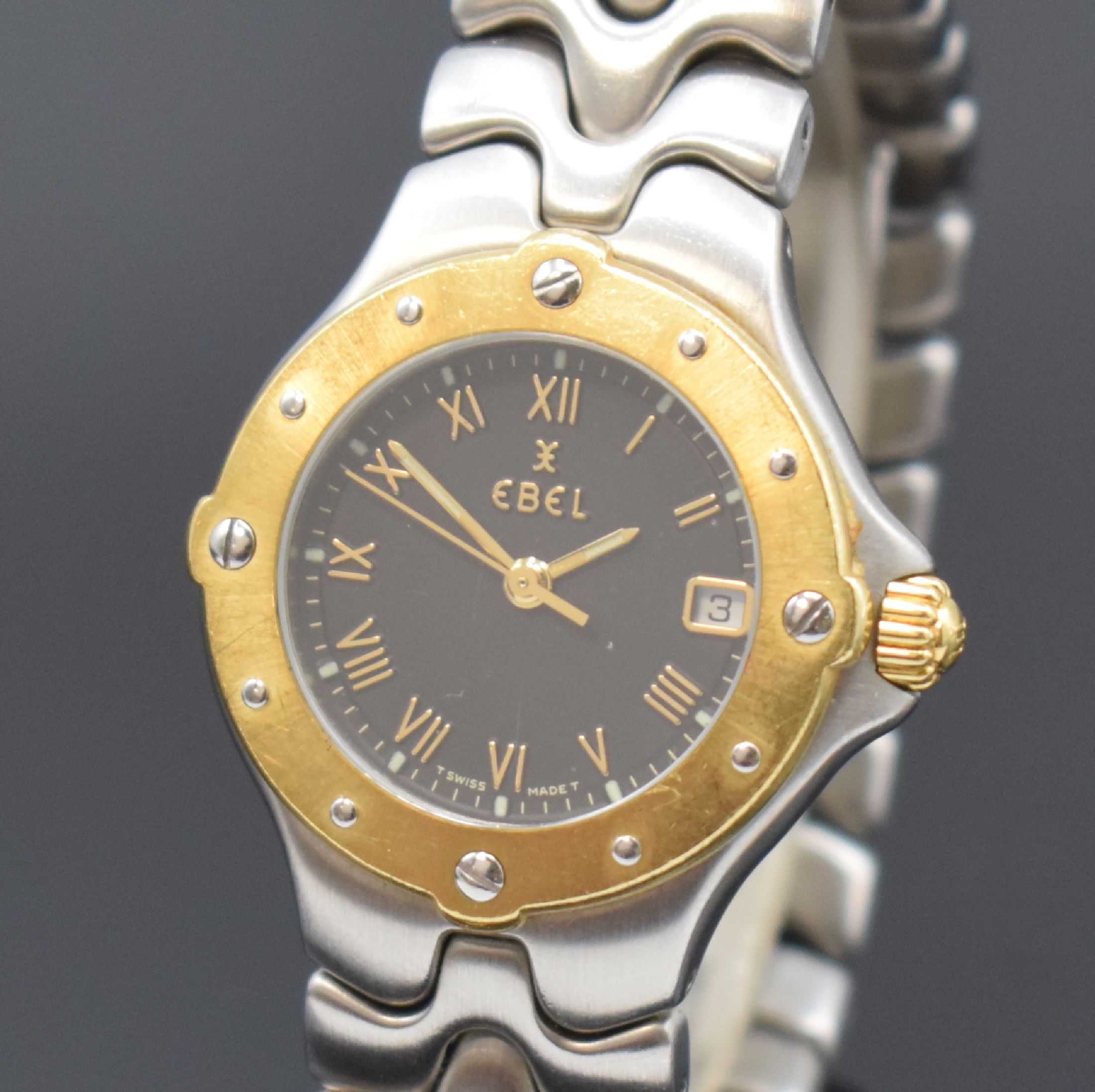 Detail a: EBEL Damenarmbanduhr Sportwave Referenz 6087621, quarz, z. T. verg. Edelstahlgeh. inkl. Gliederband mit dopp. Faltschl., Boden verschr., schwarzes ...