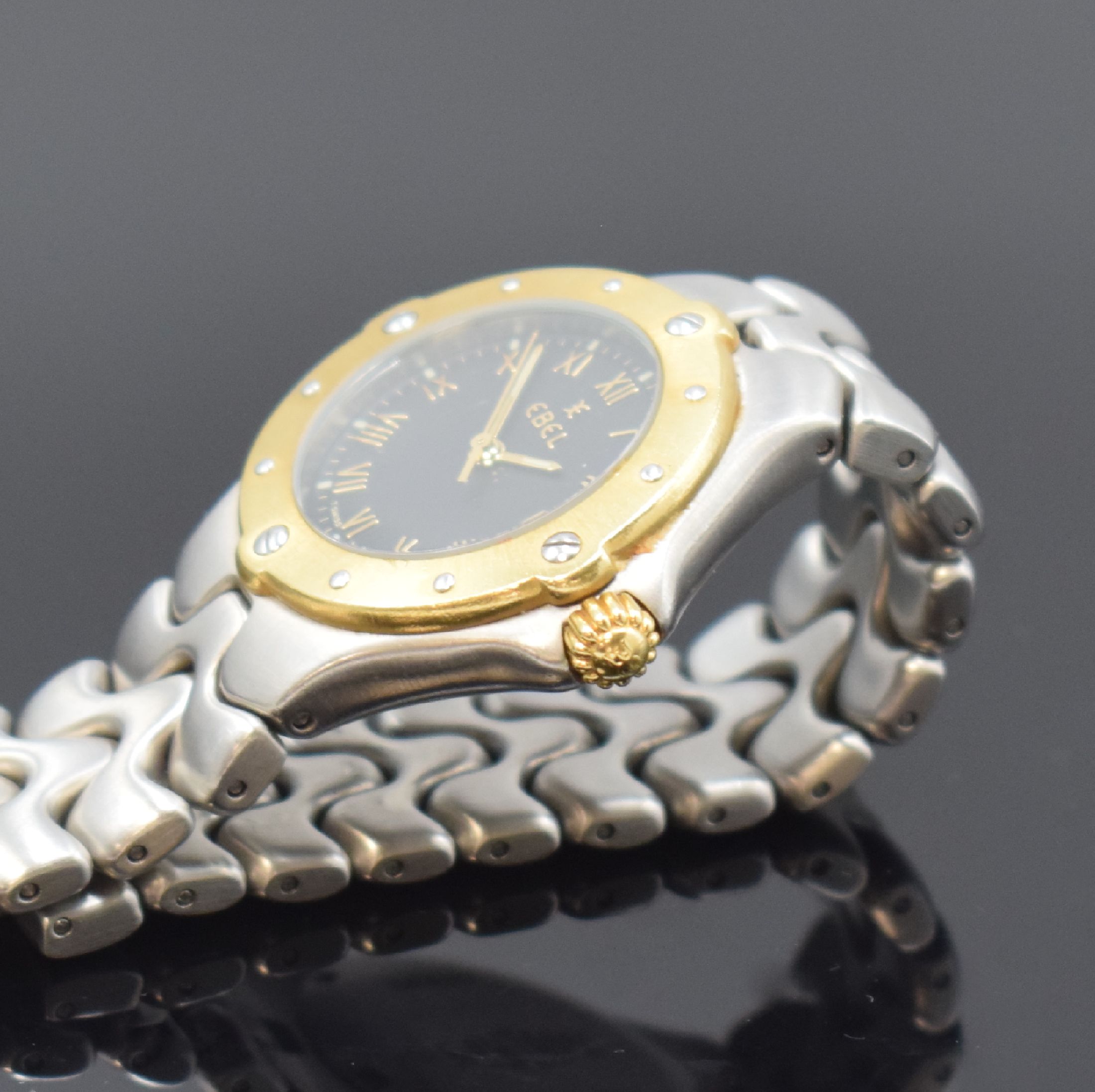 Detail c: EBEL Damenarmbanduhr Sportwave Referenz 6087621, quarz, z. T. verg. Edelstahlgeh. inkl. Gliederband mit dopp. Faltschl., Boden verschr., schwarzes ...