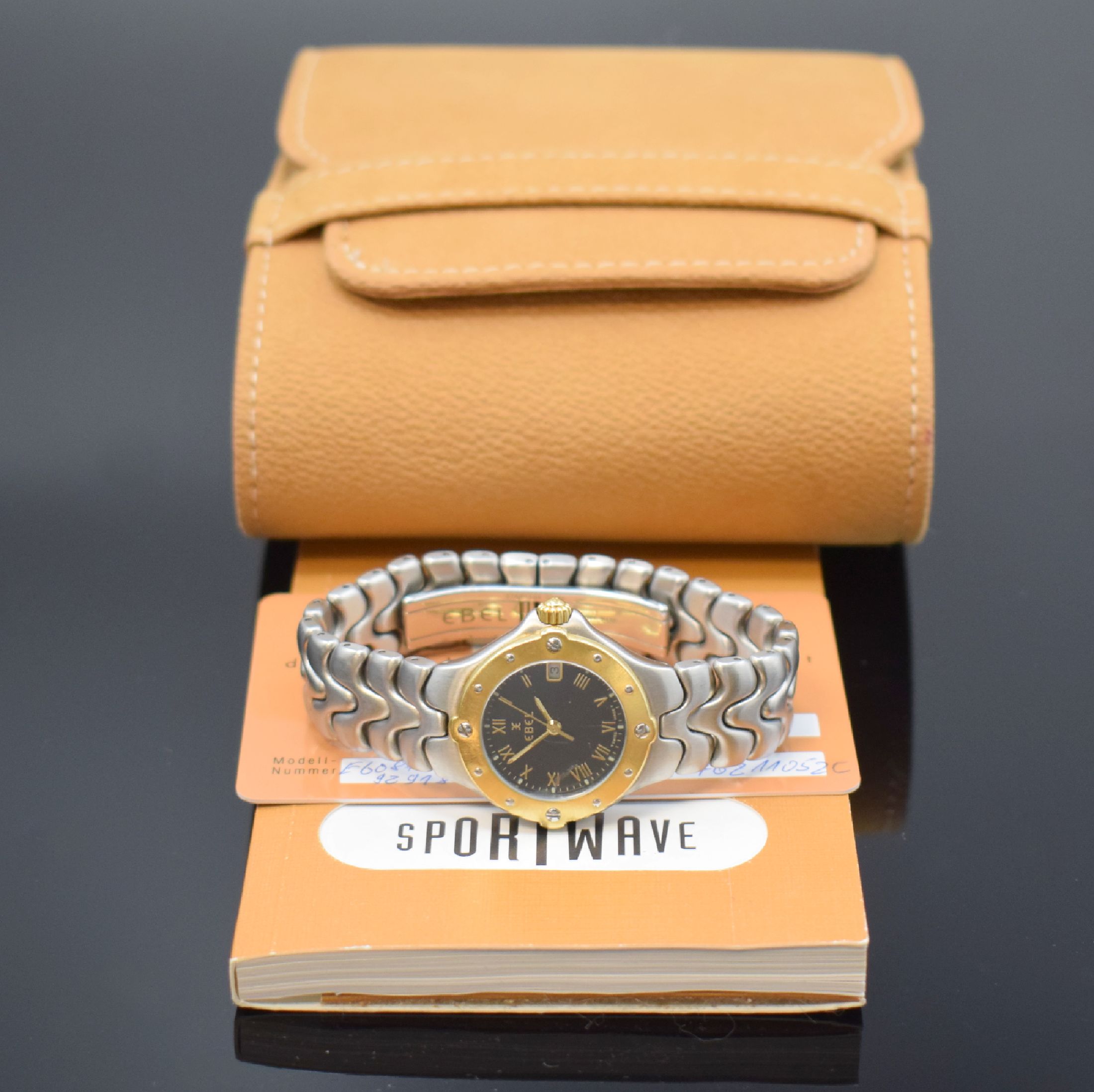Detail e: EBEL Damenarmbanduhr Sportwave Referenz 6087621, quarz, z. T. verg. Edelstahlgeh. inkl. Gliederband mit dopp. Faltschl., Boden verschr., schwarzes ...