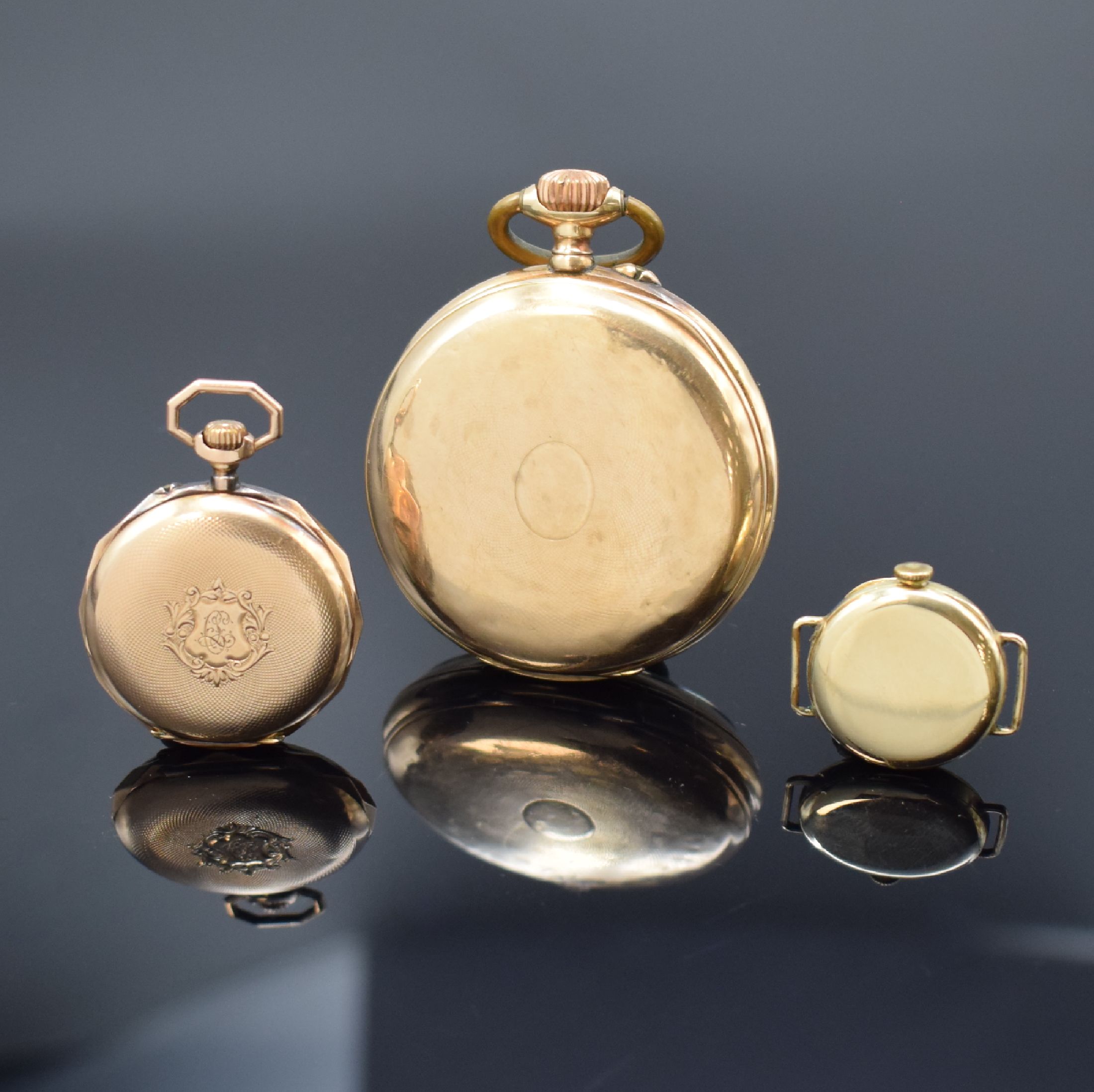 Detail a: MONOPOL DÜRRSTEIN, ETERNA frühe Armbanduhr und 1 offene Taschenuhr in GG/RG 585/000, Schweiz um 1900-1925, Geh. teils angel. u. dell., 2x guill. ...