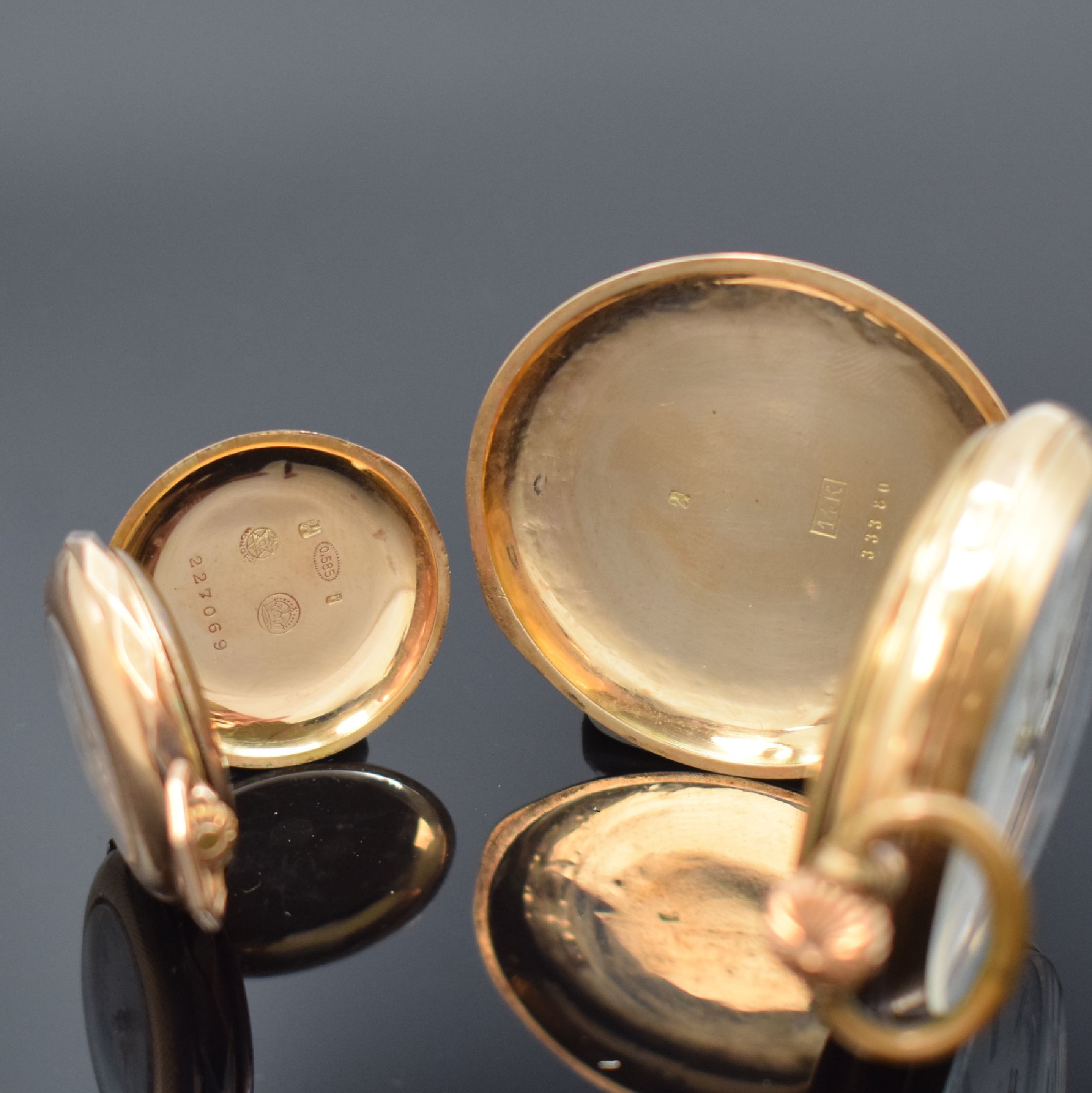 Detail b: MONOPOL DÜRRSTEIN, ETERNA frühe Armbanduhr und 1 offene Taschenuhr in GG/RG 585/000, Schweiz um 1900-1925, Geh. teils angel. u. dell., 2x guill. ...