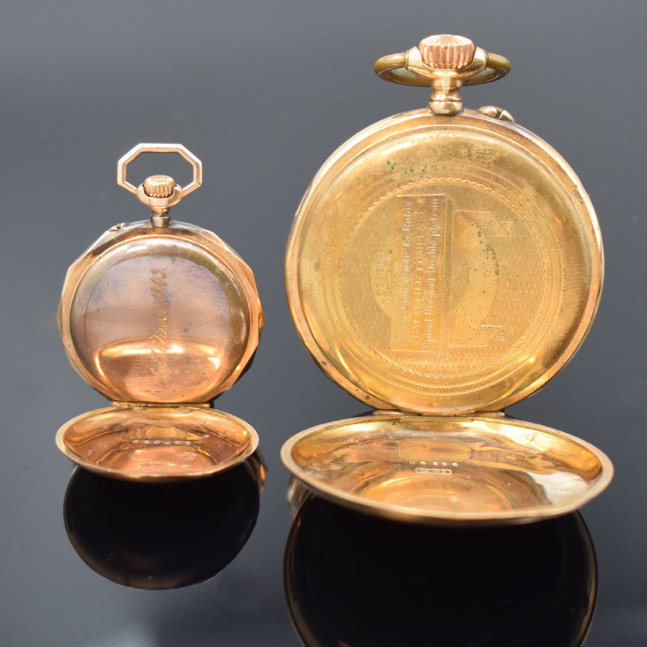 Detail c: MONOPOL DÜRRSTEIN, ETERNA frühe Armbanduhr und 1 offene Taschenuhr in GG/RG 585/000, Schweiz um 1900-1925, Geh. teils angel. u. dell., 2x guill. ...